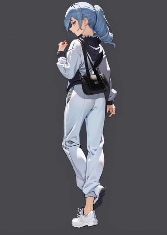 Drawing of a person standing with a handbag in his hand, full body profile pose, Whole body diagram, Clean anime silhouettes, full body character drawing, Anime full body illustration, full body detailing, Full body illustration, Casual pose, thick outline, stand posture, thick outline, elegant standing pose, outline sketch, The body proportions are really well-proportioned, over the shoulder perspective,track pants,sweatshirts