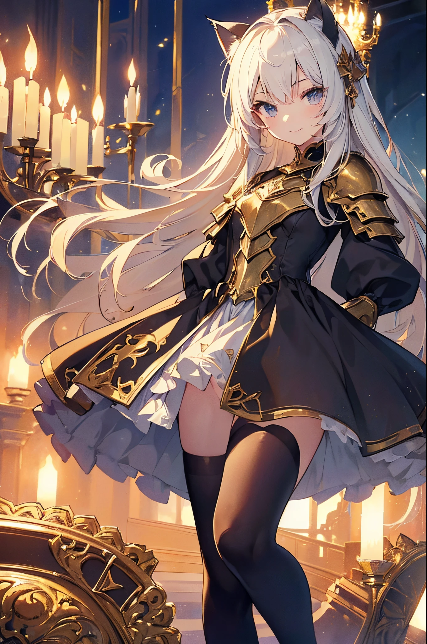 ((2D beautiful girl、top-quality、Perfect Finger 1.5、Perfect Anatomy 1.5、extremely delicate and beautiful illustration))、(Blur the background:1.2、(transform sequence)、((knight leotard))、ar old、(beautiful slender girl)、Fractal Art、babye、((sht long hair))、Beautiful big drooping eyes:1.1、Small, open-mouthed smile、(Full body depiction:1.1)、(1 persons)、the royal palace、Cat's ears、armor、Fantasia