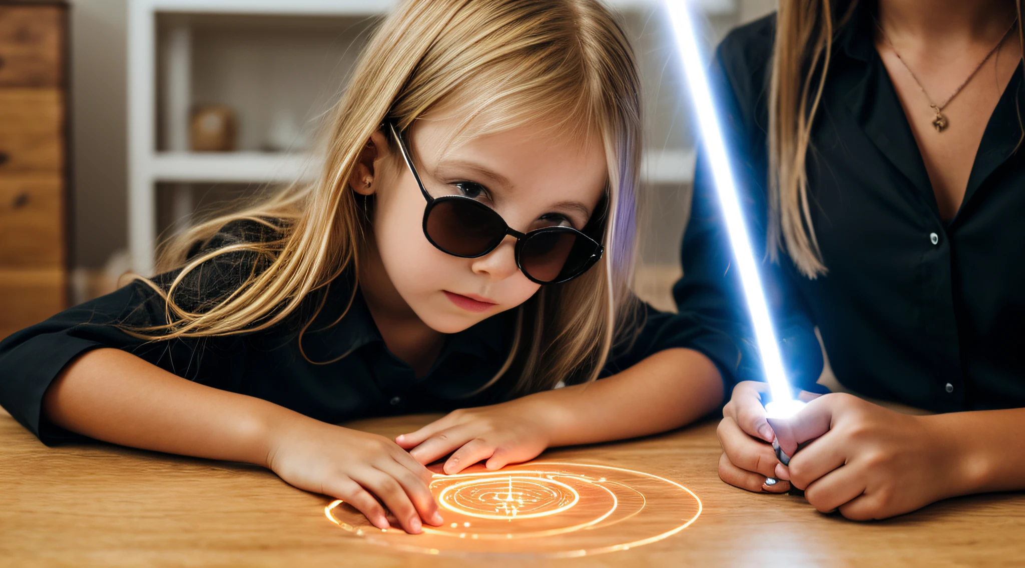 close-up CHILD BLONDE GIRL WITH VERY LONG HAIR, in a black blouse and sunglasses, a laser is being used to illuminate a circle,
