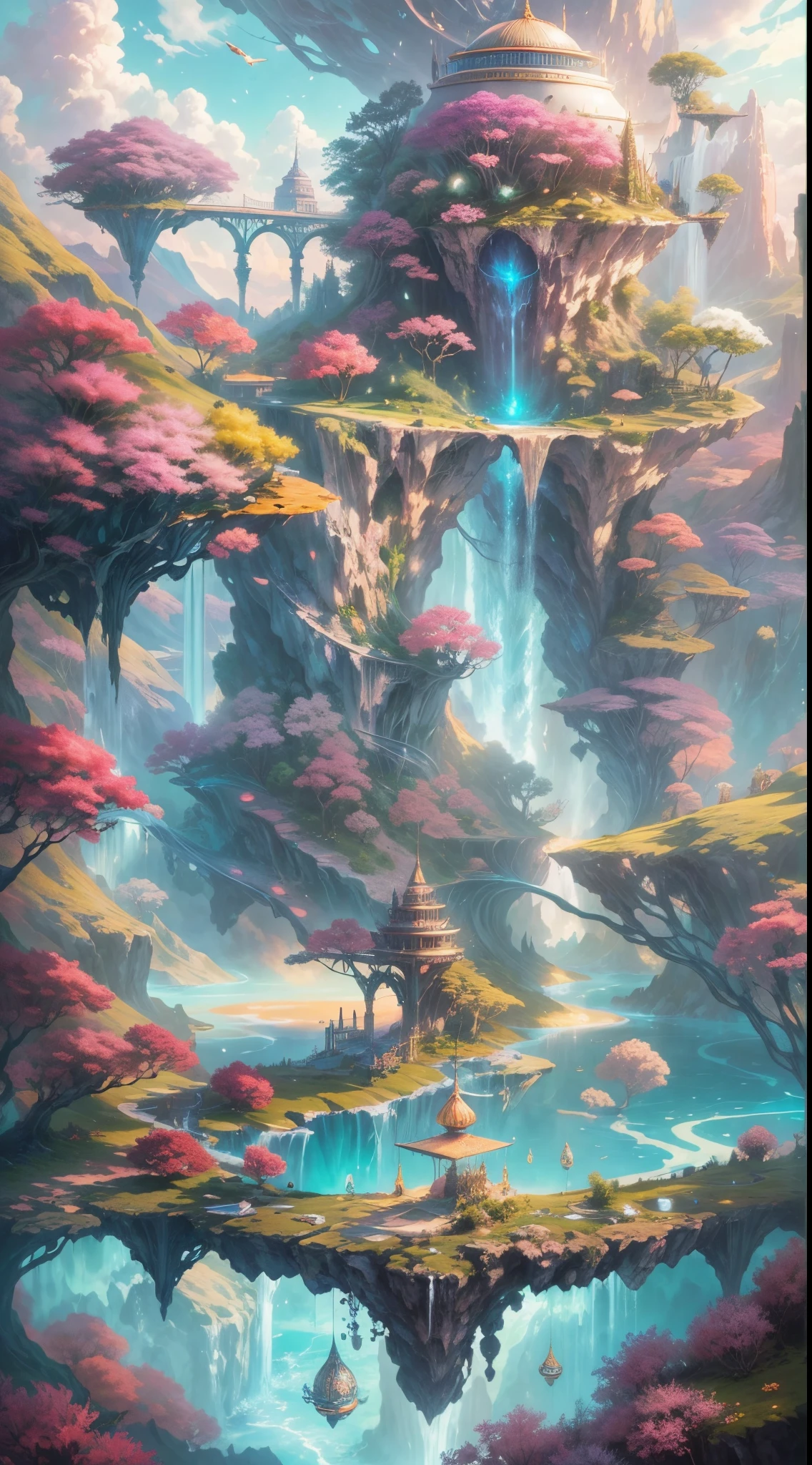 (((A utopian world with futuristic science fiction and fairy tale elements，Mechanical metal combined with classical mythological elements)))，(In this illustration of a utopian world，Describe a fairy tale、An ideal country with science fiction elements。The background is a majestic city，The architectural style combines futuristic and sci-fi elements。Soaring towers and modern glass buildings complement ancient pavilions and temples。The city is surrounded by a verdant forest and clear river，Showing the harmonious coexistence of man and nature)，(There is a huge secret garden in the center of the city，There are all kinds of fantastic plants and creatures growing inside。There are trees that can talk.、Singing birds and various cute animals。In the corner of the garden，There is a huge castle，Its towers reach into the sky)。(science fiction elements：in this utopian world，Technology and nature coexist harmoniously。High-speed maglev trains shuttle through the city，People are flying freely in the air in environmentally friendly aircraft.。Cities are powered by solar energy、Renewable resources such as wind and water energy，Guaranteed ecological sustainable development)。(Cultures：in this utopian world，Cultures of various countries coexist harmoniously，People respect and learn from each other&#39;s traditions and customs。There are various styles of buildings in the city、Sculpture and Artwork，Showcasing the essence of cultures from around the world), (The is very detailed, Well designed, Clear lines, k hd, Best quality at best, tmasterpiece, offcial art, 8K)