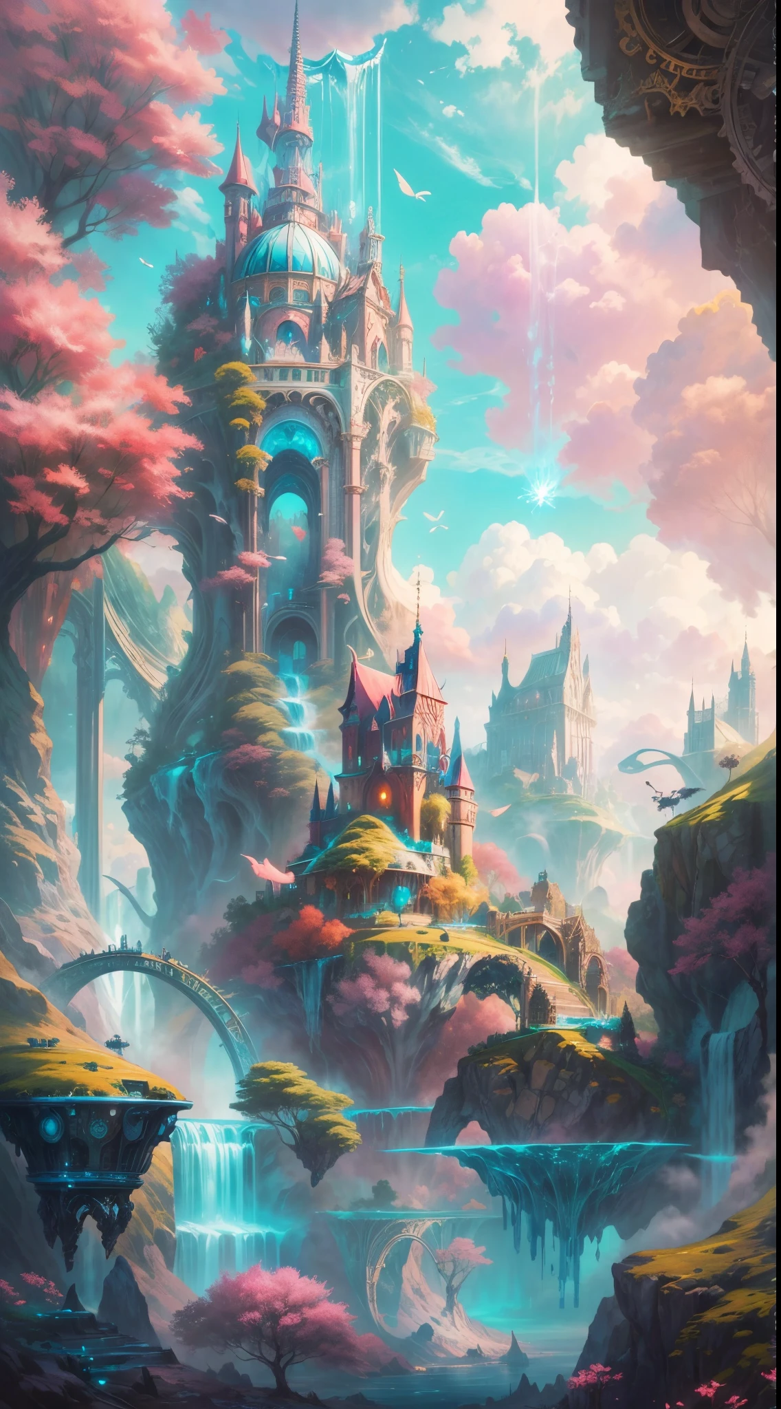 Enchanting utopian world scenes that imagine the majestic realm of romantic fantasy. The environment is full of intricate floating islands, Fluffy clouds, Waterfall cascading from floating island, and a vibrant, Surreal atmosphere. The atmosphere is filled with a sense of wonder and tranquility. Include a variety of pink shades as well as other vibrant jewel tones in the image. This scene will be depicted with anime style illustrations, with soft lines, pastelcolor, And whimsical touch. All buildings are extremely detailed and elegant. The artwork will capture the ethereal beauty and serenity of a dreamlike realm, Create a sense of harmony and escape from the ordinary world. Add cyan water, Colorful watercolor sky, Luminous elements, and lots of little fantasy details，including iridescence, Beautifully crafted landscapes, glittery. And most importantly, This should look like a fantasy artwork. (((A utopian world with futuristic science fiction and fairy tale elements，Mechanical metal combined with classical mythological elements)))