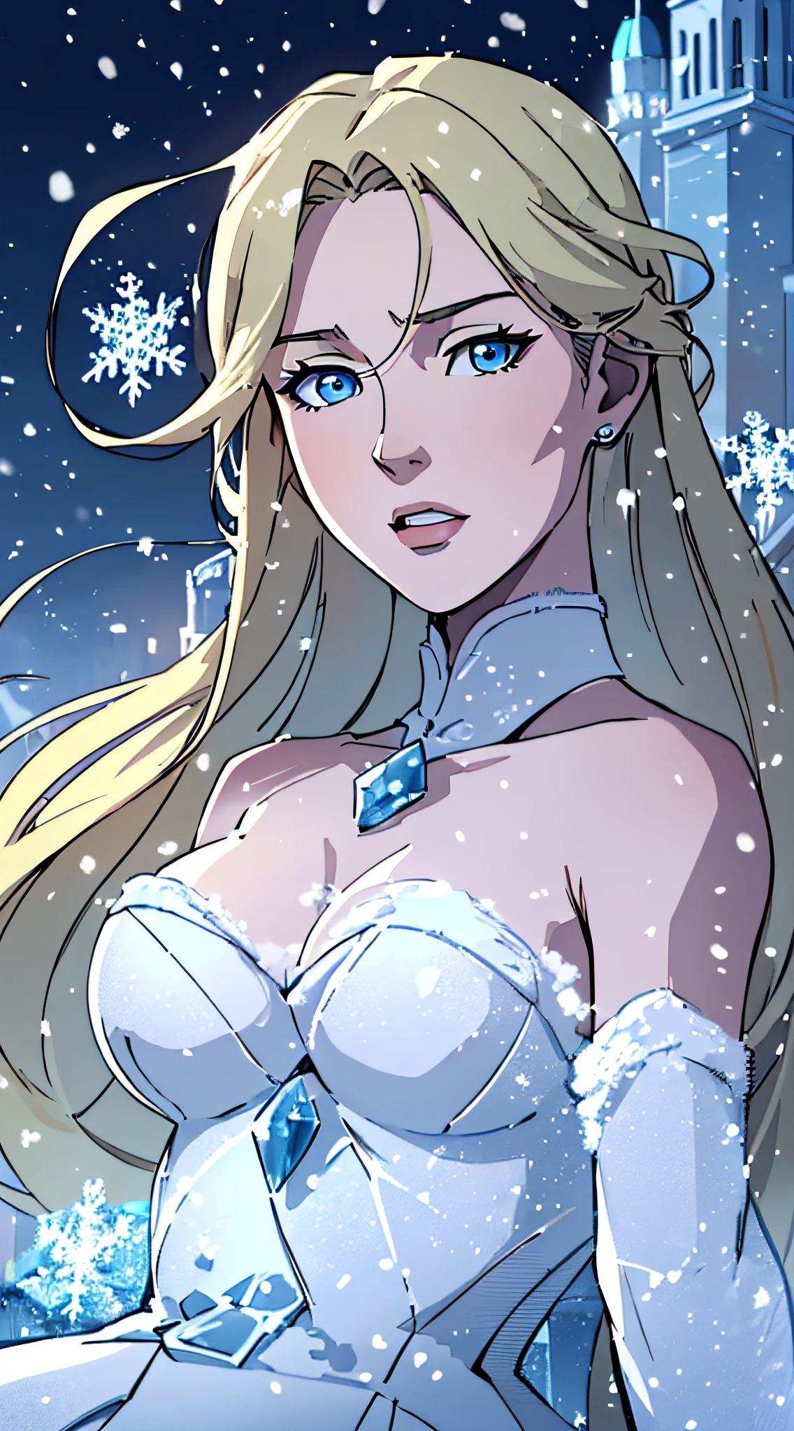top-quality、Top image quality、masterpiece、Android Girl((blue mechanic body、sixteen years old、teen ager、White Mechanical Body、Best Bust、big bast,Beautiful light blue eyes、Breasts wide open, a blond、A slender,Large valleys、dye one's cheeks red、Leaning forward、Ice Blade、White breath、floating ice gun)),hiquality、Beautiful Art、Background with((Fantastic world、Ice Burn City at night、snowflakes falling、Heavy snow falls、snowman、ice tower)))、masutepiece、depth of fields,