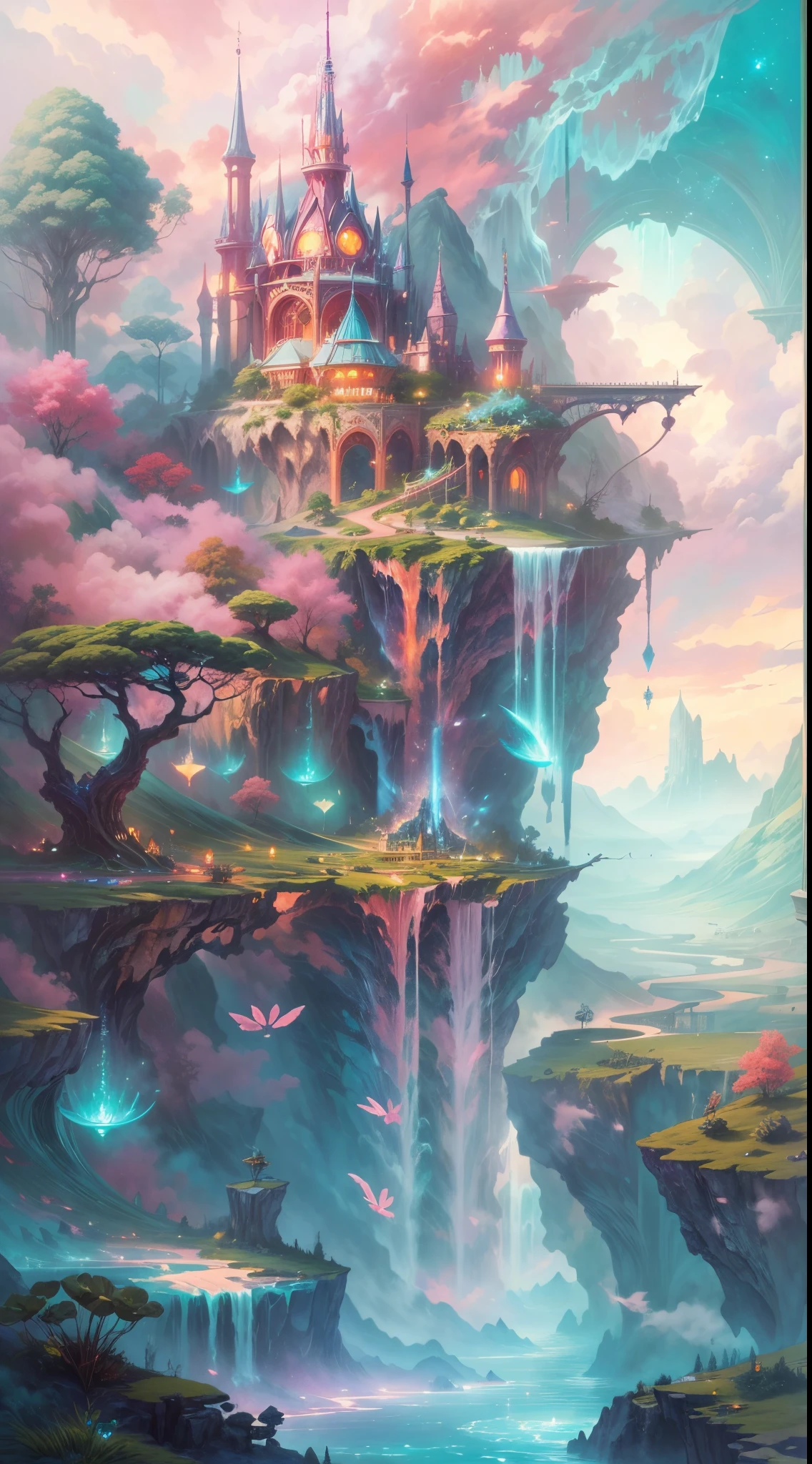 (((A utopian world with futuristic science fiction and fairy tale elements，Mechanical metal combined with classical mythological elements)))，(In this illustration of a utopian world，Describe a fairy tale、An ideal country with science fiction elements。The background is a majestic city，The architectural style combines futuristic and sci-fi elements。Soaring towers and modern glass buildings complement ancient pavilions and temples。The city is surrounded by a verdant forest and clear river，Showing the harmonious coexistence of man and nature)，(There is a huge secret garden in the center of the city，There are all kinds of fantastic plants and creatures growing inside。There are trees that can talk.、Singing birds and various cute animals。In the corner of the garden，There is a huge castle，Its towers reach into the sky)。(science fiction elements：in this utopian world，Technology and nature coexist harmoniously。High-speed maglev trains shuttle through the city，People are flying freely in the air in environmentally friendly aircraft.。Cities are powered by solar energy、Renewable resources such as wind and water energy，Guaranteed ecological sustainable development)。(Cultures：in this utopian world，Cultures of various countries coexist harmoniously，People respect and learn from each other&#39;s traditions and customs。There are various styles of buildings in the city、Sculpture and Artwork，Showcasing the essence of cultures from around the world), (The is very detailed, Well designed, Clear lines, k hd, Best quality at best, tmasterpiece, offcial art, 8K)