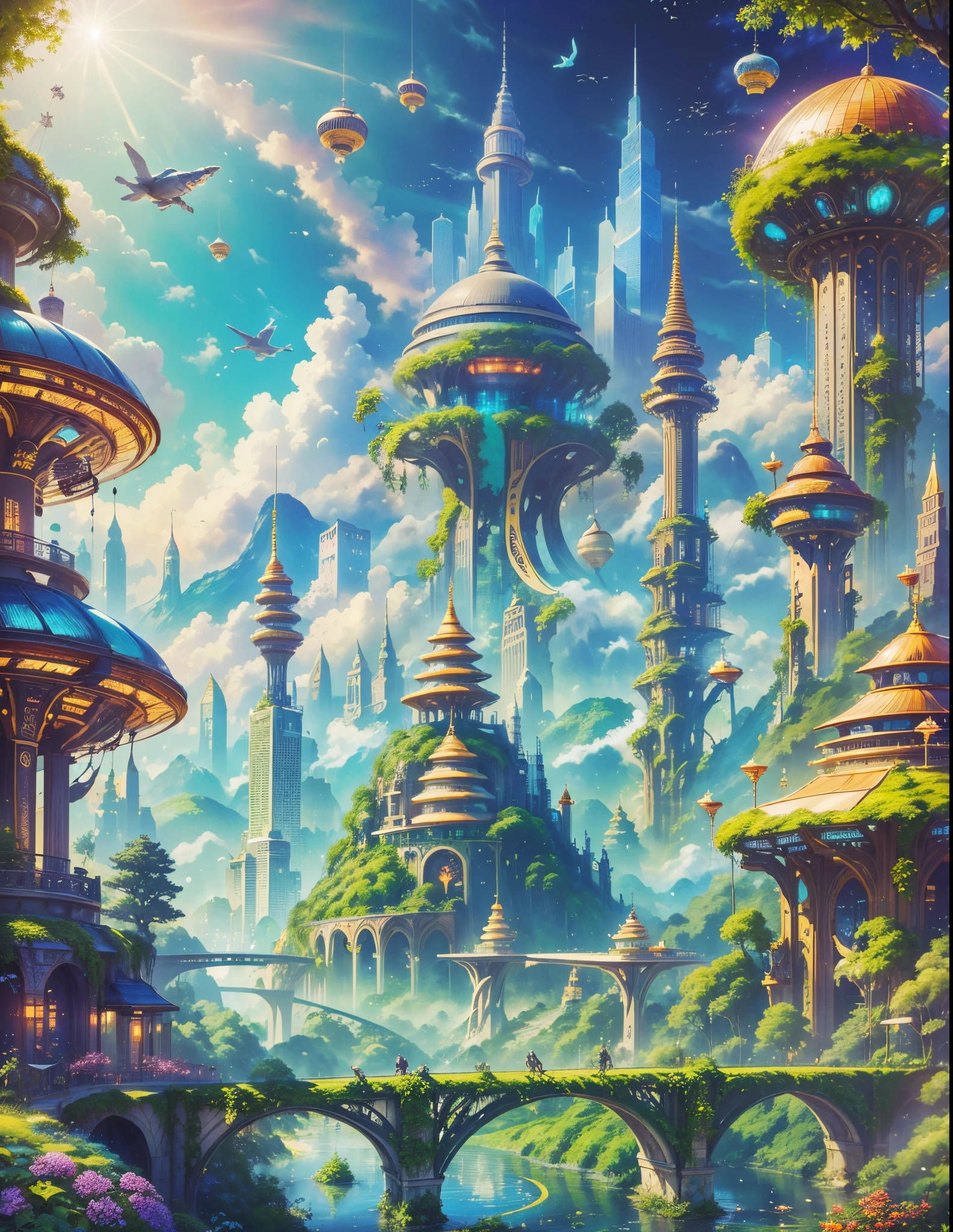 (((A utopian world with futuristic science fiction and fairy tale elements，Mechanical metal combined with classical mythological elements)))，(In this illustration of a utopian world，Describe a fairy tale、An ideal country with science fiction elements。The background is a majestic city，The architectural style combines futuristic and sci-fi elements。Soaring towers and modern glass buildings complement ancient pavilions and temples。The city is surrounded by a verdant forest and clear river，Showing the harmonious coexistence of man and nature)，(There is a huge secret garden in the center of the city，There are all kinds of fantastic plants and creatures growing inside。There are trees that can talk.、Singing birds and various cute animals。In the corner of the garden，There is a huge castle，Its towers reach into the sky)。(science fiction elements：in this utopian world，Technology and nature coexist harmoniously。High-speed maglev trains shuttle through the city，People are flying freely in the air in environmentally friendly aircraft.。Cities are powered by solar energy、Renewable resources such as wind and water energy，Guaranteed ecological sustainable development)。(Cultures：in this utopian world，Cultures of various countries coexist harmoniously，People respect and learn from each other&#39;s traditions and customs。There are various styles of buildings in the city、Sculpture and Artwork，Showcasing the essence of cultures from around the world), (The is very detailed, Well designed, Clear lines, k hd, Best quality at best, tmasterpiece, offcial art, 8K)