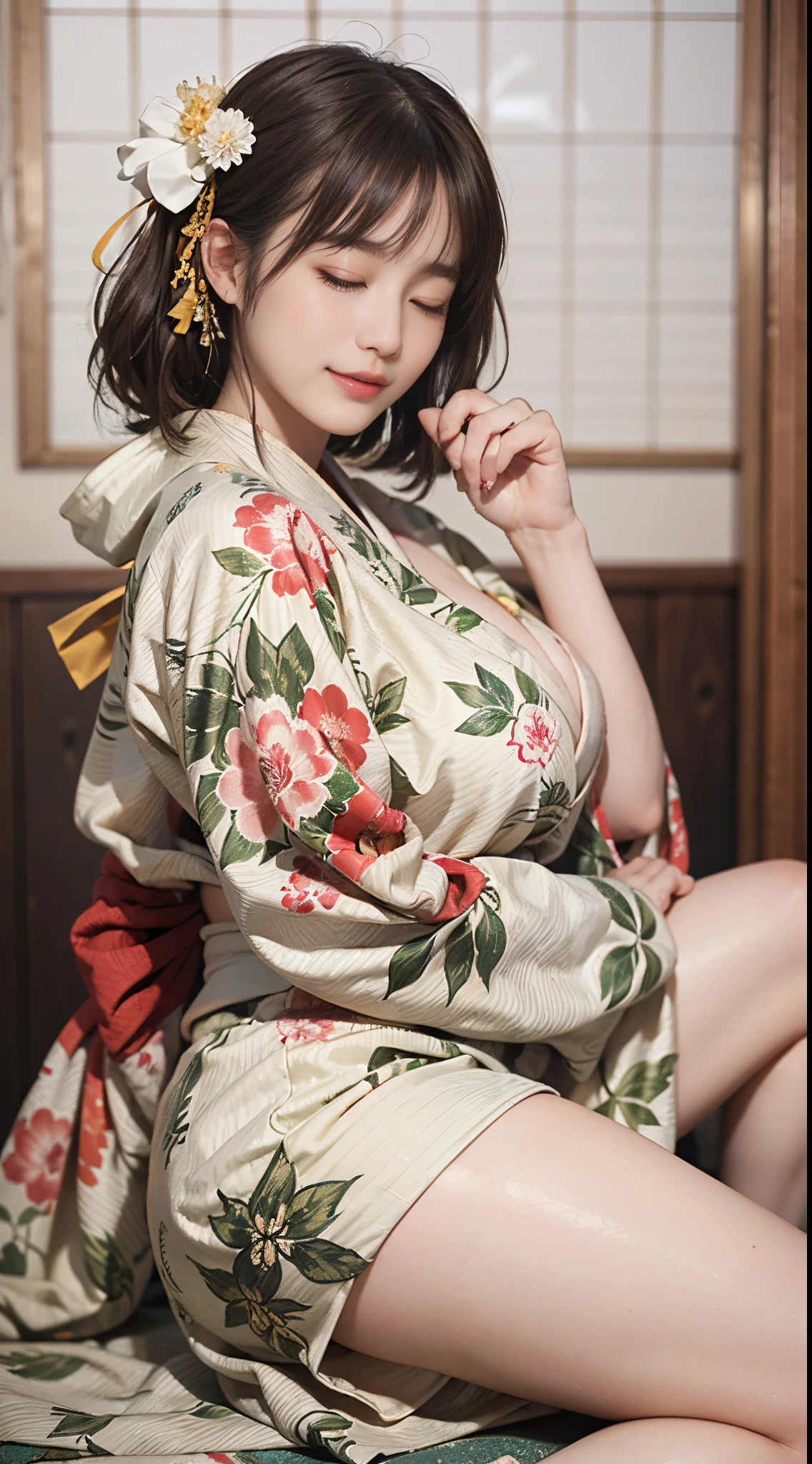 8K, top-quality, hight resolution, 逼真, realperson, One Beautiful Girl, a smile, traditional Japanese kimono、Luxury kimono、no wrinkles at all, full bodyesbian、huge tit、cleavage of the breast、beautiful legs、beauty legs、Her kimono is so exposed that her butt is visible.、She looks embarrassed as she sticks out her big butt towards the camera.、My cheeks are red and I feel embarrassed、(((I drank alcohol, closed my eyes, got so drunk that I collapsed and fell asleep.)))