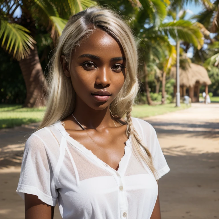 solo ((full shot)) of an attractive ((somalian dark brown skin young woman ))she is beautiful and petite wearing a ((white blonde hair )) ash blonde hairstyle dark brown skin girl )) cute plaid red shirt and shorts on a petite woman ((lifelike skin texture)) ((very detailed image )) she has a petite figure , ((detailed eyes))big brown eyes ((white pupils)) ((sharp nose)) perfect face shape ((blonde white hair)) brown eyes (( matte skin texture)) UHD, a Masterpiece,Realistic textures,(( hyper-realistic)), 8k, photorealistic, XT3 grain,Fujifilm ((standing alone at a park)) ((somalian ))