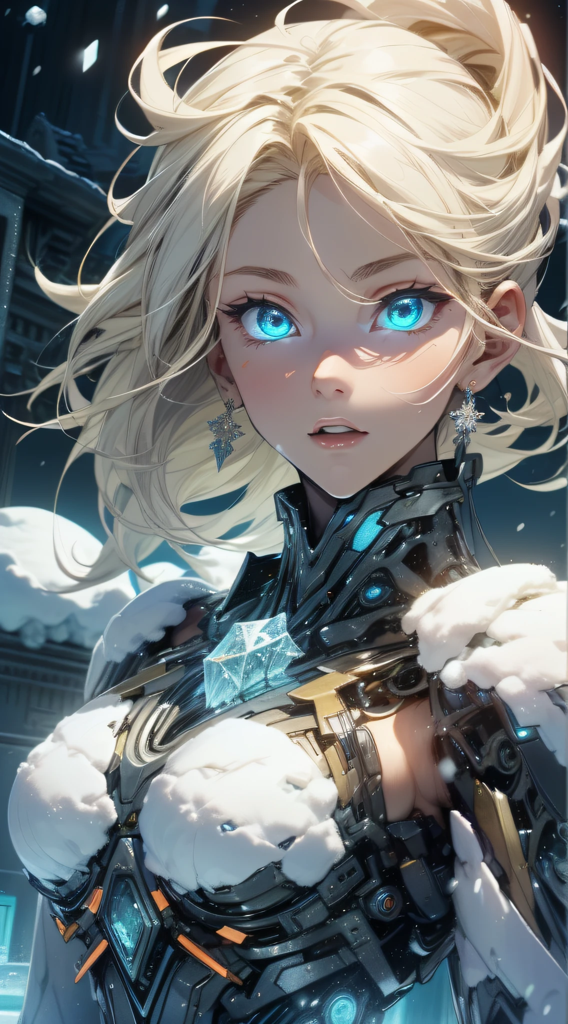 top-quality、Top image quality、masterpiece、Android Girl((blue mechanic body、sixteen years old、teen ager、White Mechanical Body、Best Bust、big bast,Beautiful light blue eyes、Breasts wide open, a blond、A slender,Large valleys、dye one's cheeks red、Leaning forward、Ice Blade、White breath、floating ice gun)),hiquality、Beautiful Art、Background with((Fantastic world、Ice Burn City at night、snowflakes falling、Heavy snow falls、snowman、ice tower)))、masutepiece、depth of fields,