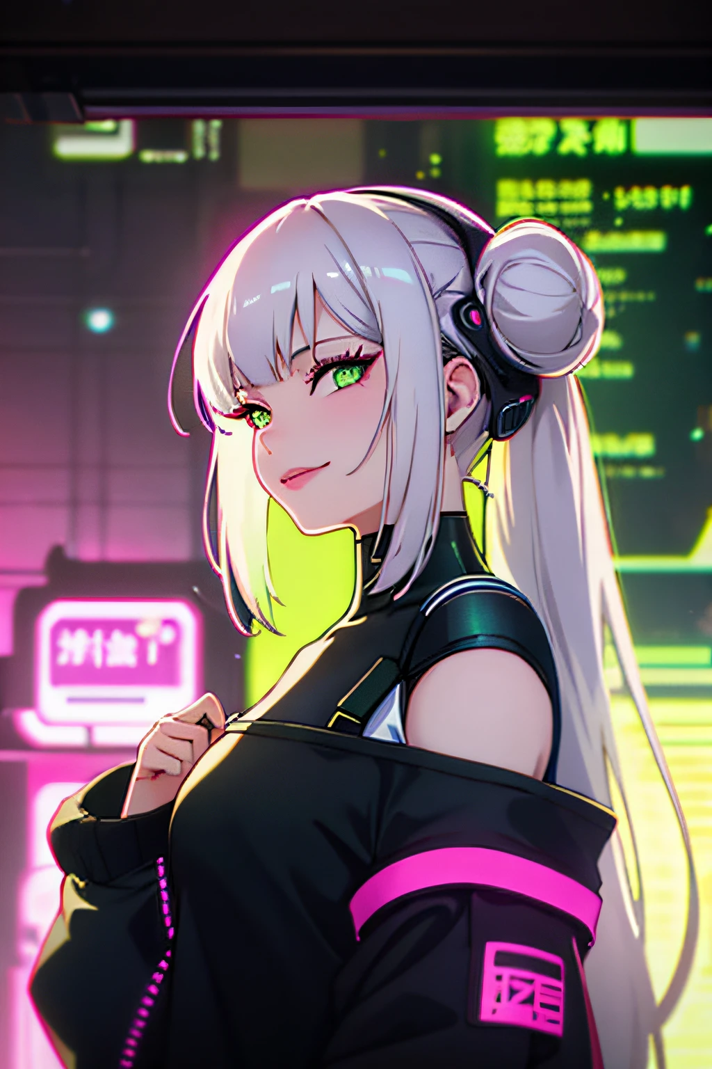 1girl, solo, white hair, hair in two buns, barcode, looking at viewer, lips, chromatic aberration, smirk, long hair, upper body, off shoulder, android, shirt, cyberpunk, glowing green eyes,science fiction, cable,neon lights,(cyberpunk:1.2), looking over shoulder