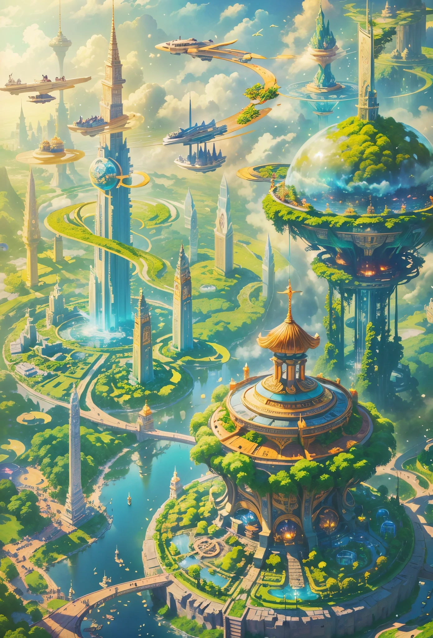 (((A utopian world with futuristic science fiction and fairy tale elements，Mechanical metal combined with classical mythological elements)))，(In this illustration of a utopian world，Describe a fairy tale、An ideal country with science fiction elements。The background is a majestic city，The architectural style combines futuristic and sci-fi elements。Soaring towers and modern glass buildings complement ancient pavilions and temples。The city is surrounded by a verdant forest and clear river，Showing the harmonious coexistence of man and nature)，(There is a huge secret garden in the center of the city，There are all kinds of fantastic plants and creatures growing inside。There are trees that can talk.、Singing birds and various cute animals。In the corner of the garden，There is a huge castle，Its towers reach into the sky)。(science fiction elements：in this utopian world，Technology and nature coexist harmoniously。High-speed maglev trains shuttle through the city，People are flying freely in the air in environmentally friendly aircraft.。Cities are powered by solar energy、Renewable resources such as wind and water energy，Guaranteed ecological sustainable development)。(Cultures：in this utopian world，Cultures of various countries coexist harmoniously，People respect and learn from each other&#39;s traditions and customs。There are various styles of buildings in the city、Sculpture and Artwork，Showcasing the essence of cultures from around the world), (The is very detailed, Well designed, Clear lines, k hd, Best quality at best, tmasterpiece, offcial art, 8K)