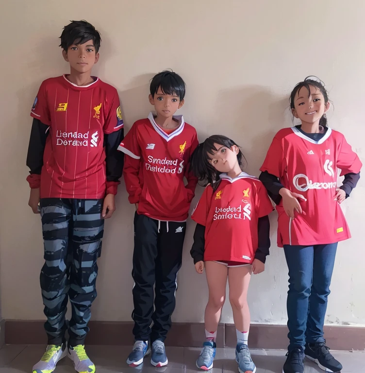 4 , 2 boys and 2 girls posing with liverpool football club shirts
