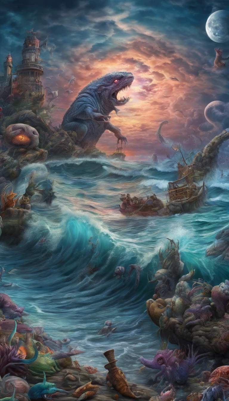 Psychedelic ocean scene, Fantasy horror, colorful nightmare, Moon monsters and scary creatures