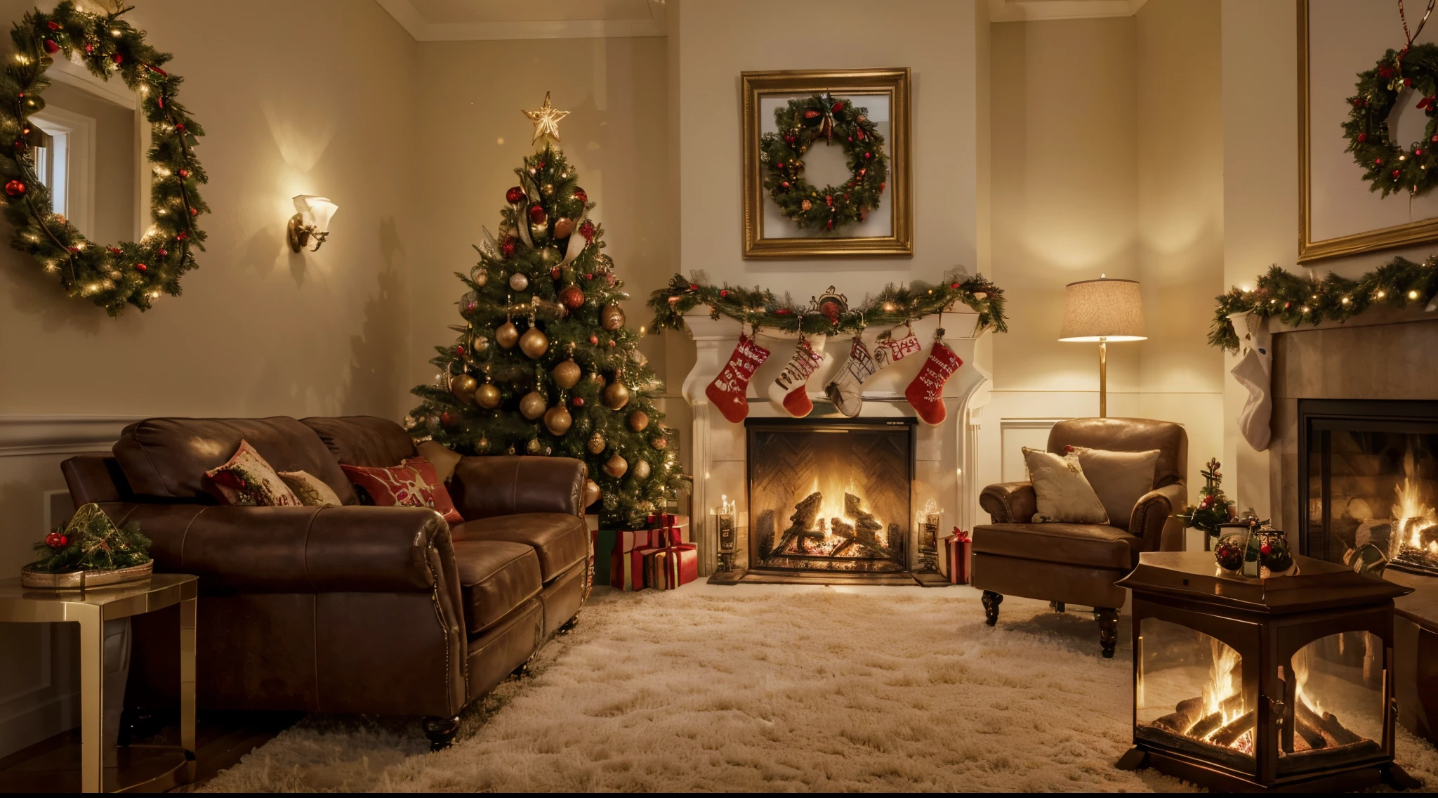 (best quality,4k,highres,masterpiece:1.2),ultra-detailed,realistic,photorealistic:1.37,Christmas interior,cartoon style,decorated tree,gifts,fireplace,cozy fire,warm atmosphere,sparkling lights,merry atmosphere,joyful decorations,colorful ornaments,cheerful ambiance,toasty fireplace,soft flames,delightful presents,festive spirit,winter wonderland,cozy room,vibrant colors,playful cartoons,fluffy stockings,welcoming glow,happy holidays,comforting warmth,exciting surprises,dreamy ambiance,blissful celebration,joyous occasion,happy memories,festive joy,family gathering,lovely decor,Holiday cheer