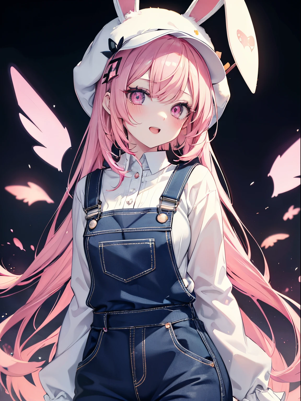 masutepiece, Highest Quality, (Perfect face:1.1), (high detailing:1.1), (ultradetailed eyes), Dramatic, superfine illustration, Extremely detailed,1girl in, (pale skin), Happy, Laugh, Open mouth,gloweyes,pinkhair, (Twin-tailed),Ethereal eyes, pink eye,(light eyebrow),blush, Solo,Pouty lips,Cinematic lighting,Cowboy Shot, overalls, bunny ear hat, Angel's wing, simple background