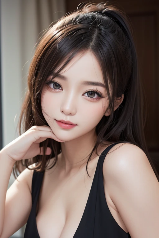 masterpiece, The highest image quality, hightquality, beautiful a girl, japanes, Japan schoolgirl, Popular Korean Makeup, detaileds, Swollen eyes, A detailed eye, Detailed skin, Beautiful skins, 超A high resolution, (现实:1.4), very extremely beautiful, Slightly younger face, Beautiful skins, slender, (A hyper-realistic), (illustratio), (hight resolution), (8K), (ighly detailed), (The best illustrations), (beautifully detailed eyes), (ultra-detailliert), (wall-paper), (详细的脸), looking at the viewers, finely detail、A detailed face、pureerosfaceace_v1、A smile、Looking straight ahead、Looking straight ahead、angle from waist up、photos realistic、Bright lighting、profetional lighting、bionde、length hair、Dark abandonment、Big Red Moon、Gorgeous red and black dress、A MILF、Kiss Shot