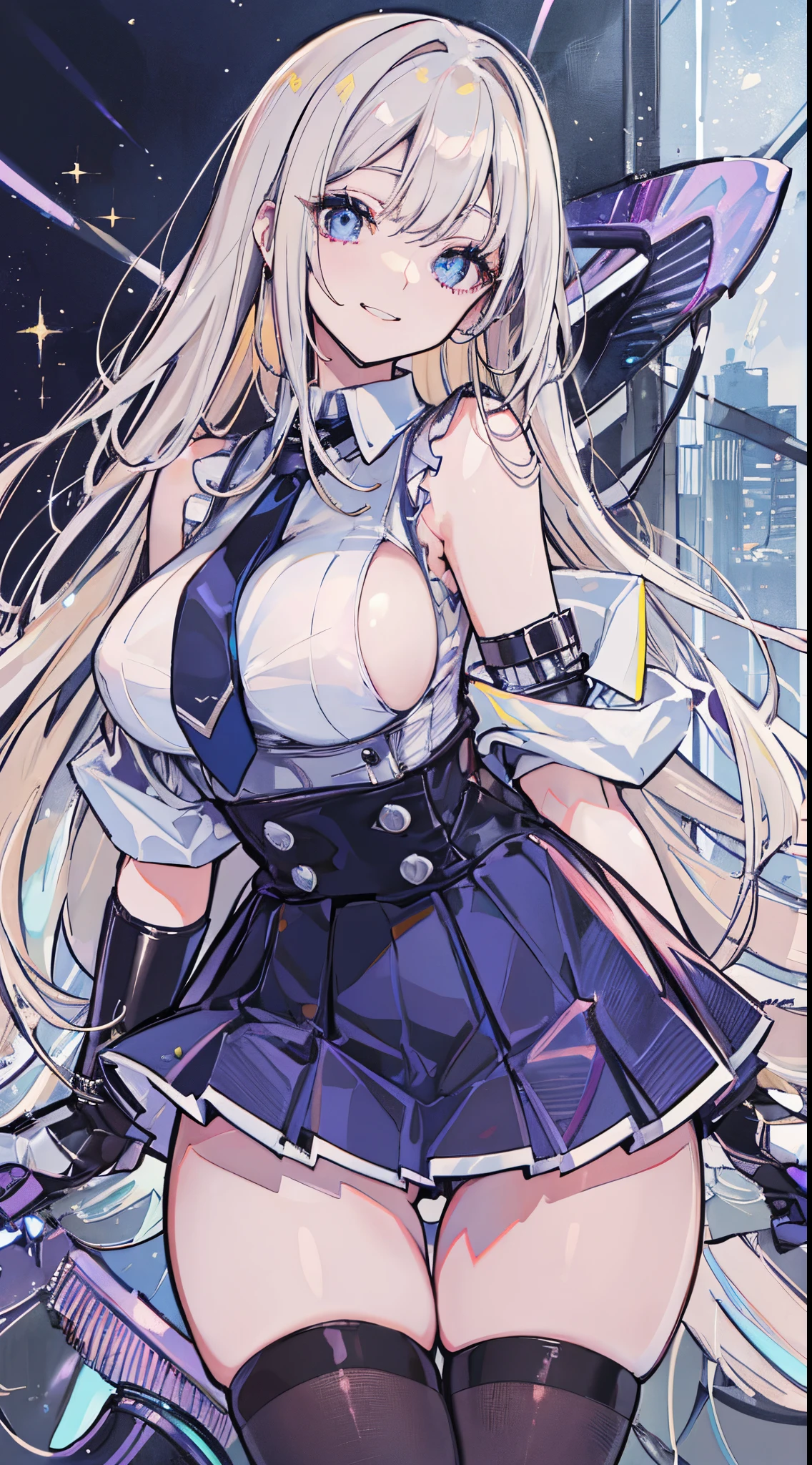 top-quality、realistic touch,high-detail、photoRealstic、High class、Long body、captive beauty、big eye、Strong platinum blonde eyelashes、platinum-blonde、full body Esbian、Sparkling eyes、Submissive smile、Flushed cheeks、Kamimei、thin-waist、Voluptuous thighs、Enraptured look、Raked bangs、The forehead is protruding、sleeveless、High school students in uniform 、The skirt is very short、No cleavage exposed、fuge sideboob、high school uniform with tie、A corset that emphasizes your breasts、Inside a futuristic classroom、 armband、Thighhighs、simple decor、grinning face、Thick shirt、Squint and smile