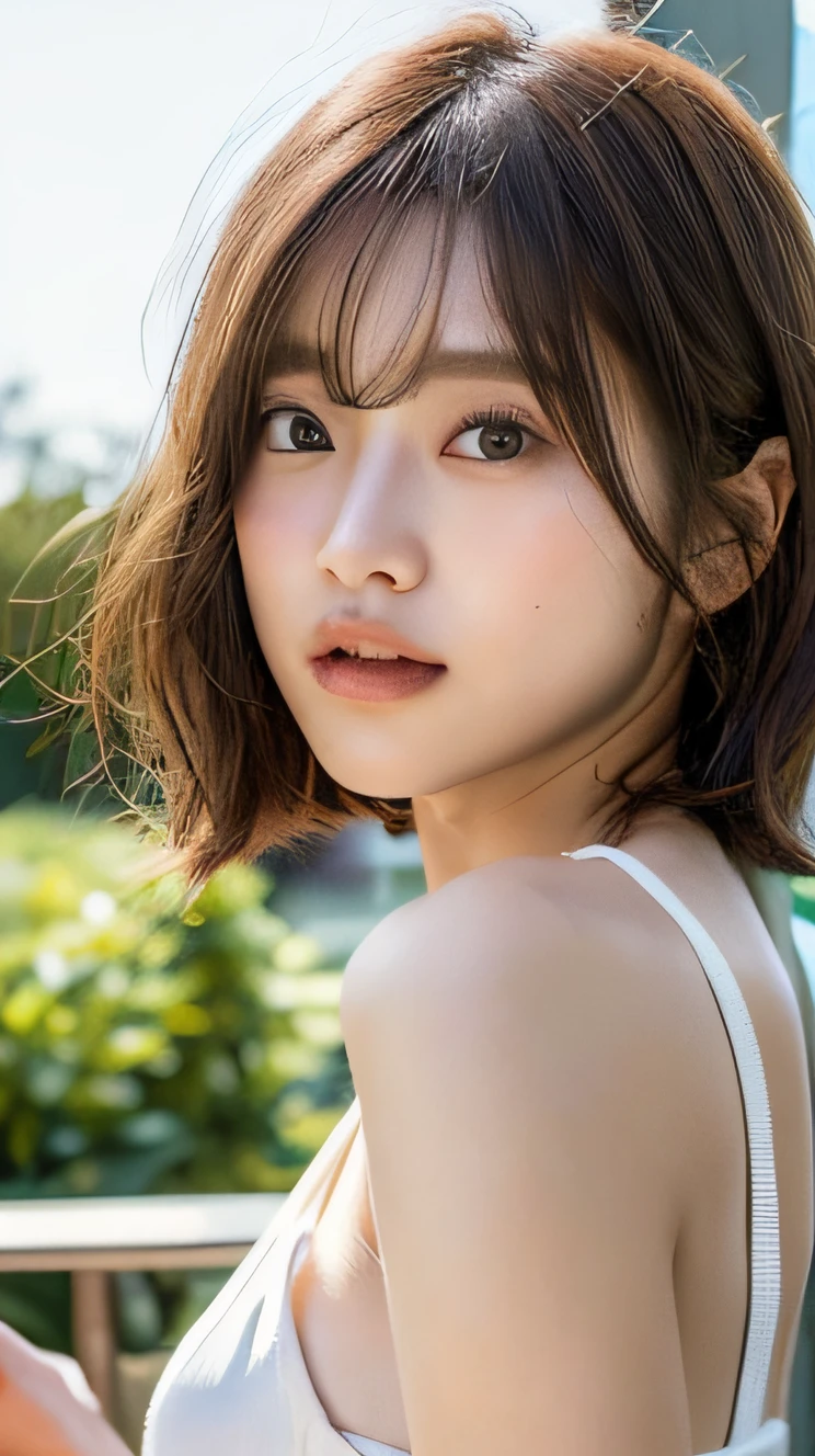 Short hair, plein air, Fair skin, disheveled hair, A Japanese Lady, Super Cute, Soft and face, Brown hair, 8K resolution, A hyper-realistic, super definition, Soft body toned ass night, cup small ((Highest Definition, 8K, masutepiece: 1.3)), Super Definition Face, super definition lips, Fine eyes, Double eyelids, Closed mouth,