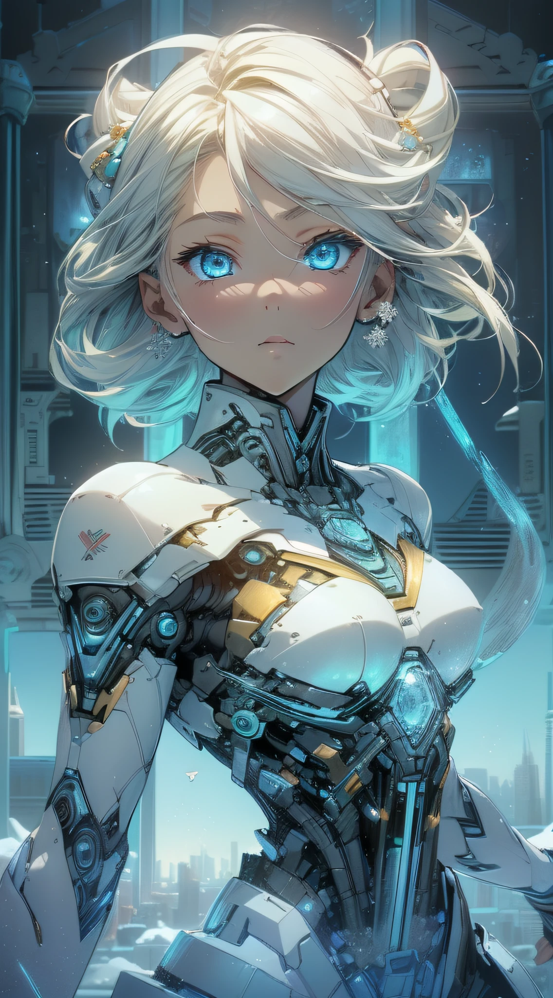 top-quality、Top image quality、masterpiece、Android Girl((blue mechanic body、sixteen years old、teen ager、White Mechanical Body、Best Bust、big bast,Beautiful light blue eyes、Breasts wide open, a blond、A slender,Large valleys、dye one's cheeks red、Leaning forward、has an ice blade、White breath、floating ice gun)),hiquality、Beautiful Art、Background with((Fantastic world、Ice Burn City at night、snowflakes falling、Heavy snow falls、snowman、ice tower)))、masutepiece、depth of fields,
