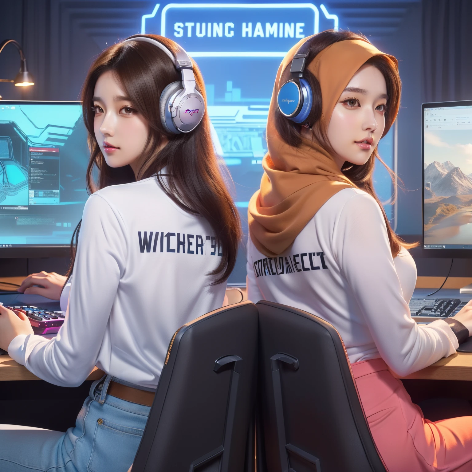 Two anime girl sitting at a desk with headphones and brown hijab on and a computer, official fanart, wlop and sakimichan, ig studios anime style, official splash art, profile picture 1024px, pokimane, & jeehyung lee & wlop, cybernatic, overwatch fanart, wlop and rossdraws, artgerm and wlop,hd,realistic,8k,detailed text on shirt