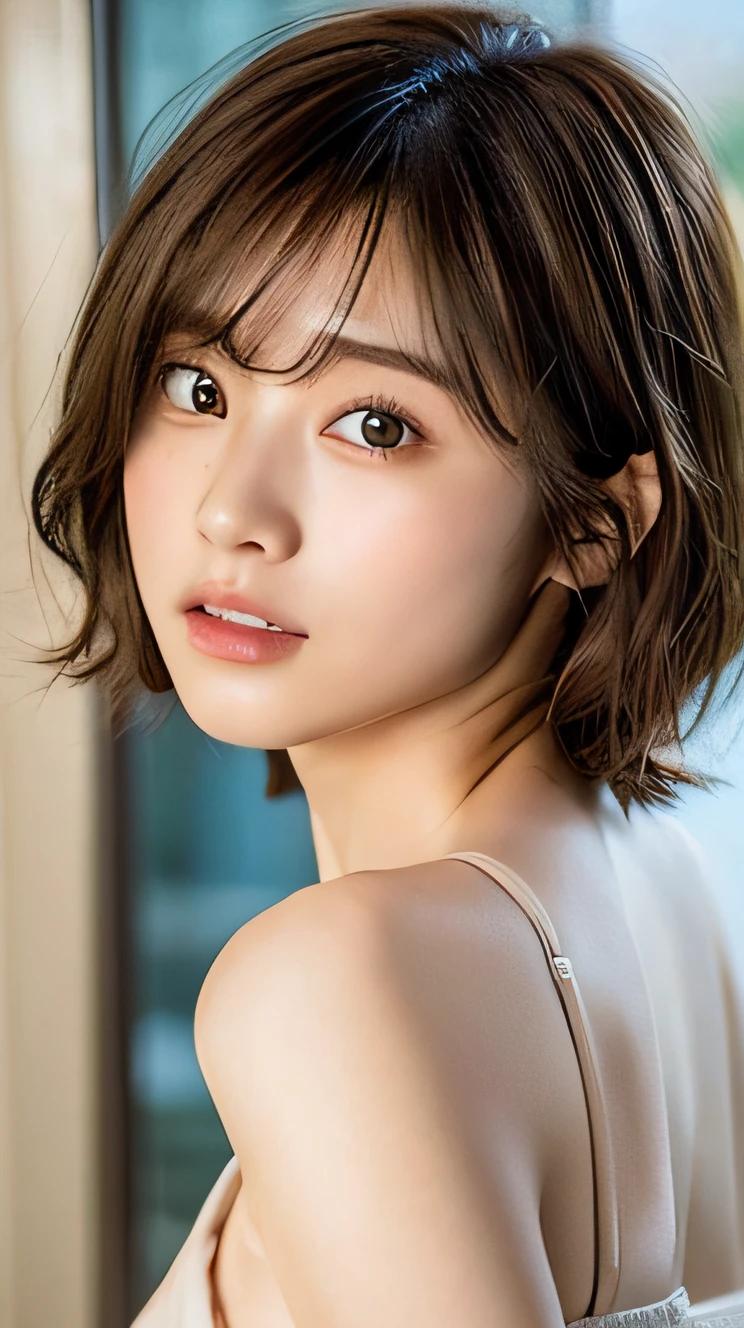 Short hair, plein air, Fair skin, disheveled hair, A Japanese Lady, Super Cute, Soft and face, Brown hair, 8K resolution, A hyper-realistic, super definition, Soft body toned ass night, cup small ((Highest Definition, 8K, masutepiece: 1.3)), Super Definition Face, super definition lips, Fine eyes, Double eyelids, Closed mouth,