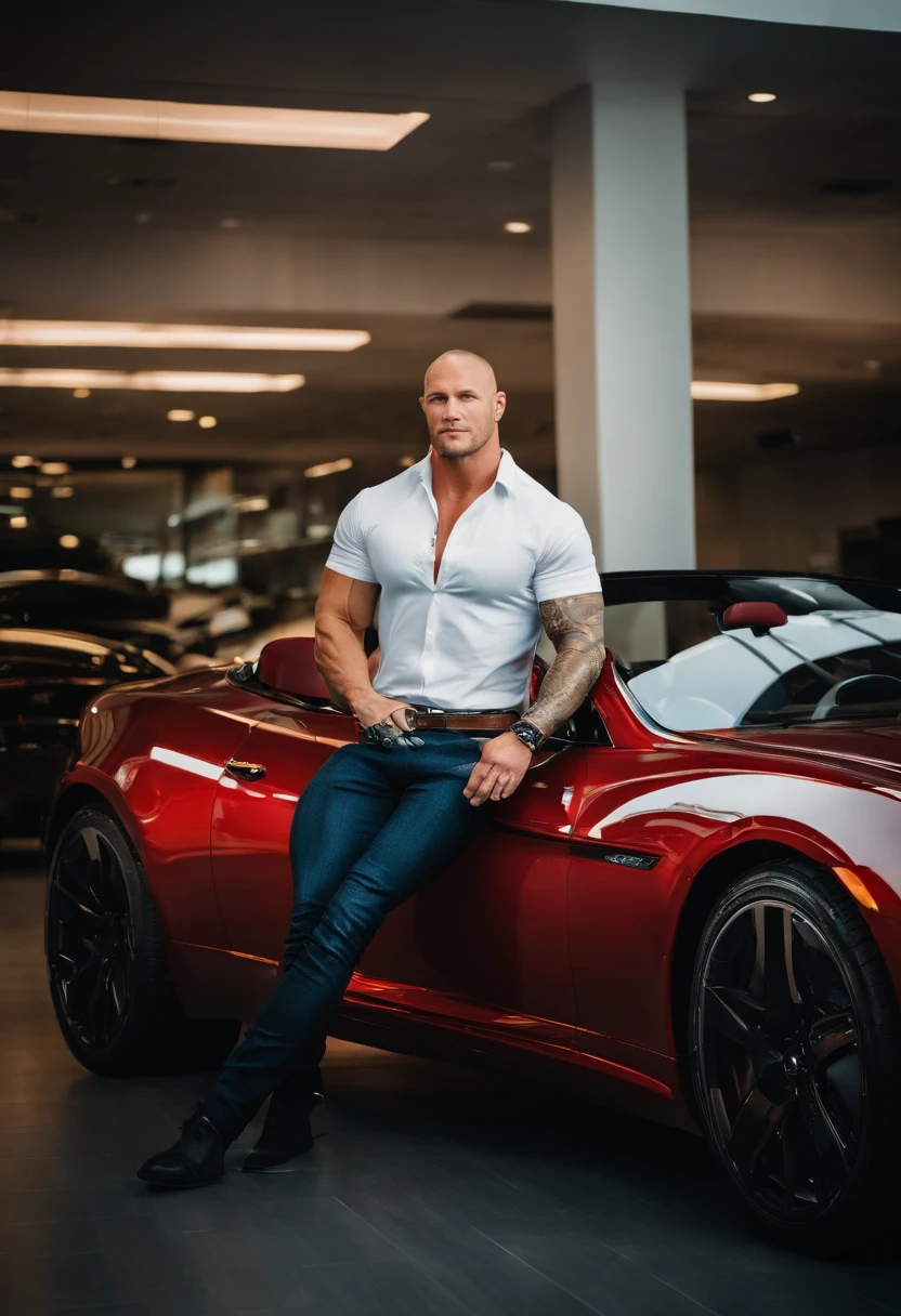 A photo of me at a luxury car dealership, sitting inside a sleek sports car,WWE,wwe wrestler Randy Orton, male