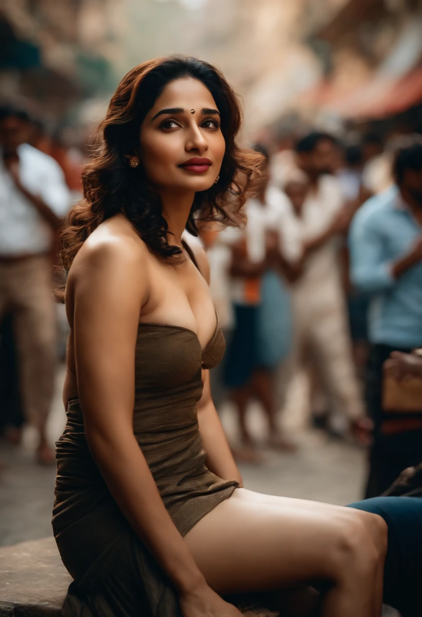 Fully naked girl, looking exactly like Tamannah Bhatia, having sex in public, sitting spread eagle on top of a man, penis inserted in her vagina, busy street in India. People around watching