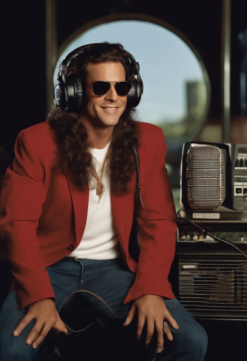 The image is of the character dressed up as a 90s shock jock, sitting behind a radio microphone with headphones on, engaging in a lively and controversial on-air conversation.,original,Howard in the 1990s, the renowned radio personality, was known for his distinctive, long curly hair that fell past his shoulders, often paired with dark sunglasses, projecting a rock star-like image. His tall, slender frame was typically clad in casual, yet stylish attire, reflecting his nonconformist attitude and presence in the entertainment world. , male