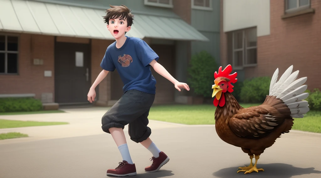 An animated scene of teenage boy attempting to steal a chicken, with a humorously exaggerated tiptoeing pose.