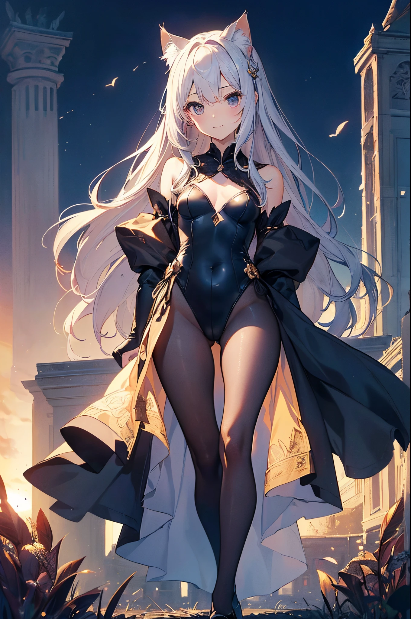 ((2D beautiful girl、top-quality、Perfect Finger 1.5、Perfect Anatomy 1.5、extremely delicate and beautiful illustration))、(Blur the background:1.3、(transform sequence)、((knight leotard))、ar old、(beautiful slender girl)、Fractal Art、babye、((sht long hair))、Beautiful big drooping eyes:1.1、Small, open-mouthed smile、(Full body depiction:1.1)、(1 persons)、the royal palace、Cat's ears、armor、leotard