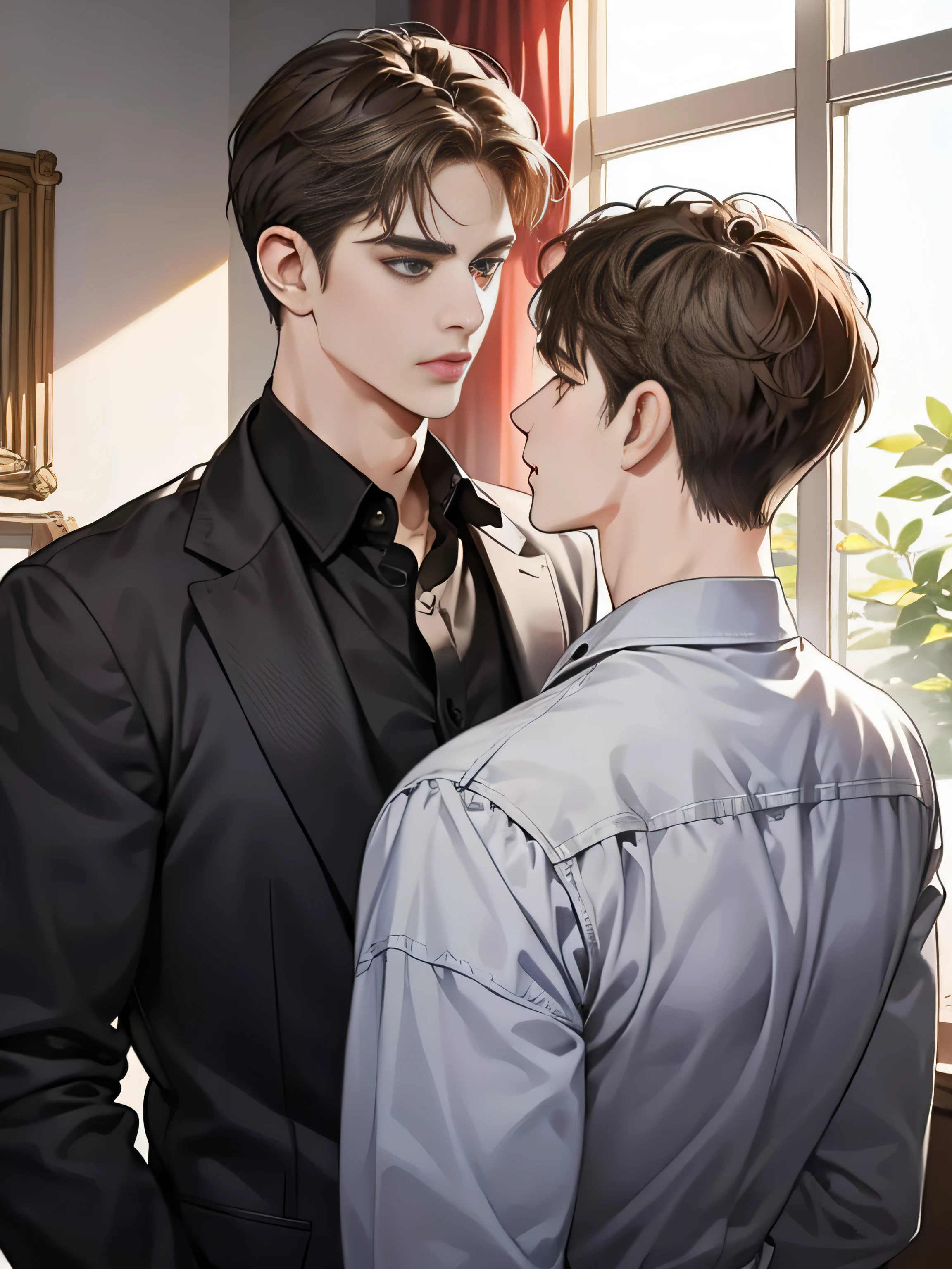 Masterpiece, Best quality, Realistic, 1人, Mature male, Quiet and charming young man, 25 age old, Serious look, Closed mouth, Portrait, Extremely detailed face, cold smile, ((dark gray eyes)), ((Right sweep short dark brown hair)), [Thick eyebrows], ((suit)), Handsome, full bodyesbian, Western, Jewish, Light brown skin,Stand in front of the mirror，Organize your clothes
