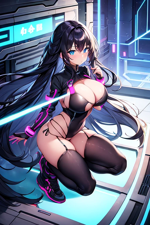 1girl, wide hips, large breasts, black hair, long hair, blue eyes, futuristic, machinery, science-fiction, tech, shoes, sneakers, neon trim, v-string, bikini, black bikini, black clothes, purple neon trim, full body, shy, blushing, blush, timid