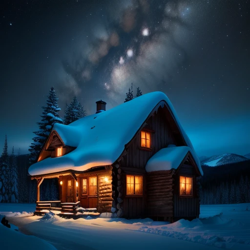 Night time Snowy cabin on a mountain top with the milky way galaxy shining bright
