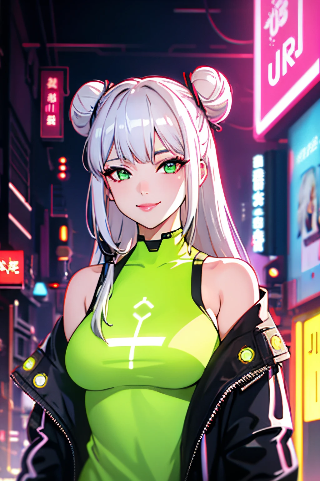 1girl, solo, white hair, hair in two buns, barcode, looking at viewer, lips, chromatic aberration, alluring smirk, long hair, upper body, off shoulder, android, shirt, cyberpunk, glowing green eyes,science fiction, cable,neon lights,(cyberpunk:1.2), looking over shoulder