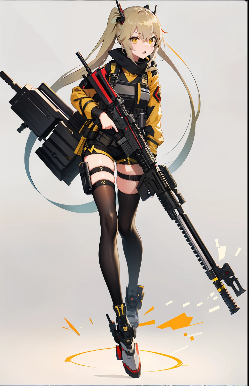 Anime girl with gun in hand,, Girly frontline style, M4 Sopmod II Girls Frontline, detailed detail, Wearing a yellow combat uniform,Black skinny shorts,adorable expression,blackstockings,extremly high detail,Long ponytail on the left side,Holding red and white sniper rifle
