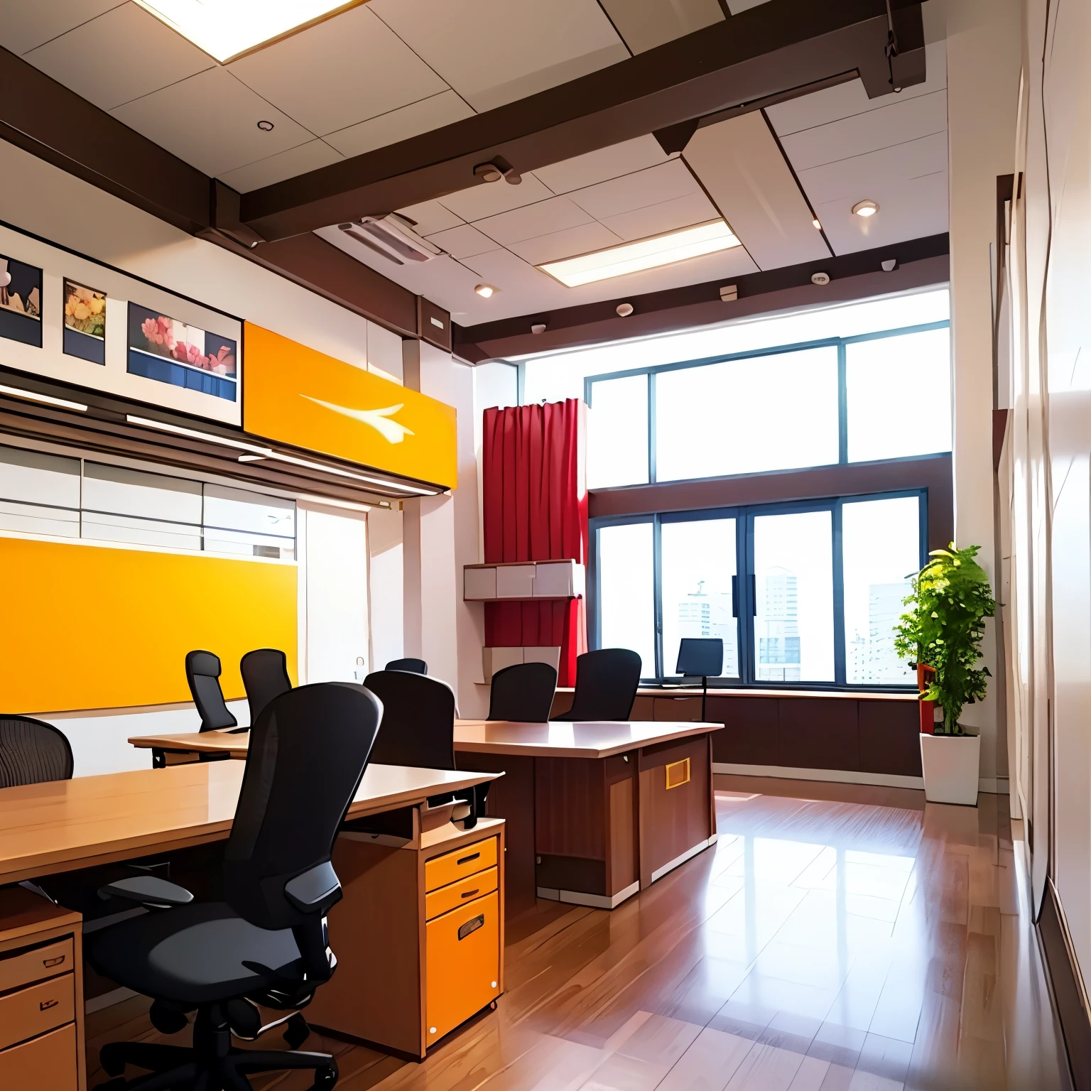 A vibrant office, filled with energetic minds and the hum of creativity, set to an upbeat tune