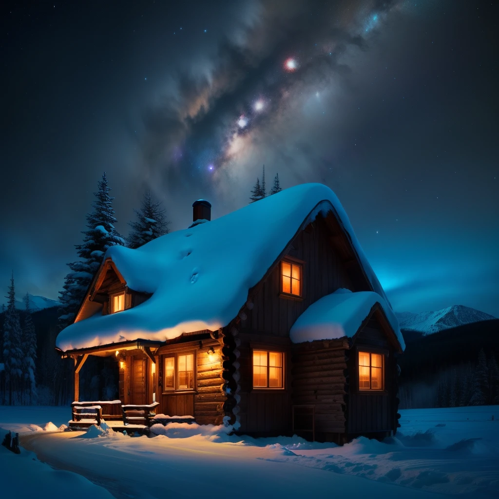 Night time Snowy cabin on a mountain top with the milky way galaxy shining bright