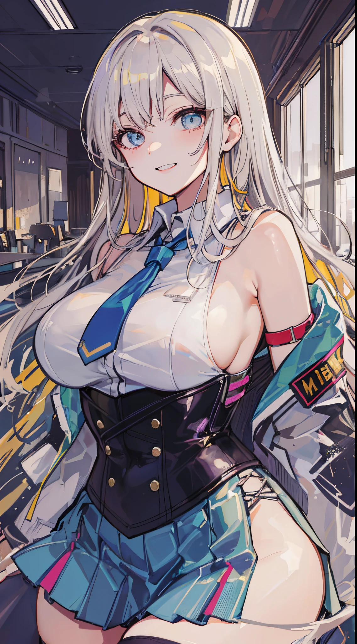 top-quality、realistic touch,high-detail、photoRealstic、High class、Long body、captive beauty、big eye、Strong platinum blonde eyelashes、platinum-blonde、full body Esbian、Sparkling eyes、Submissive smile、Flushed cheeks、Kamimei、thin-waist、Voluptuous thighs、Enraptured look、Raked bangs、The forehead is protruding、sleeveless、High school students in uniform 、The skirt is very short、No cleavage exposed、fuge sideboob、high school uniform with tie、A corset that emphasizes your breasts、Inside a futuristic classroom、 armband、Thighhighs、simple decor、grinning face、Thick shirt、Squint and smile
