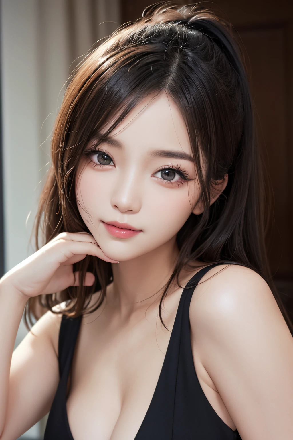 masterpiece, The highest image quality, hightquality, beautiful a girl, japanes, Japan girl, Popular Korean Makeup, detaileds, Swollen eyes, A detailed eye, Detailed skin, Beautiful skins, 超A high resolution, (现实:1.4), very extremely beautiful, Slightly younger face, Beautiful skins, slender, (A hyper-realistic), (illustratio), (hight resolution), (8K), (ighly detailed), (The best illustrations), (beautifully detailed eyes), (ultra-detailliert), (wall-paper), (详细的脸), looking at the viewers, finely detail、A detailed face、pureerosfaceace_v1、A smile、Looking straight ahead、Looking straight ahead、angle from waist up、photos realistic、Bright lighting、profetional lighting、bionde、length hair、Dark abandonment、Big Red Moon、Gorgeous red and black dress、A MILF、Kiss Shot