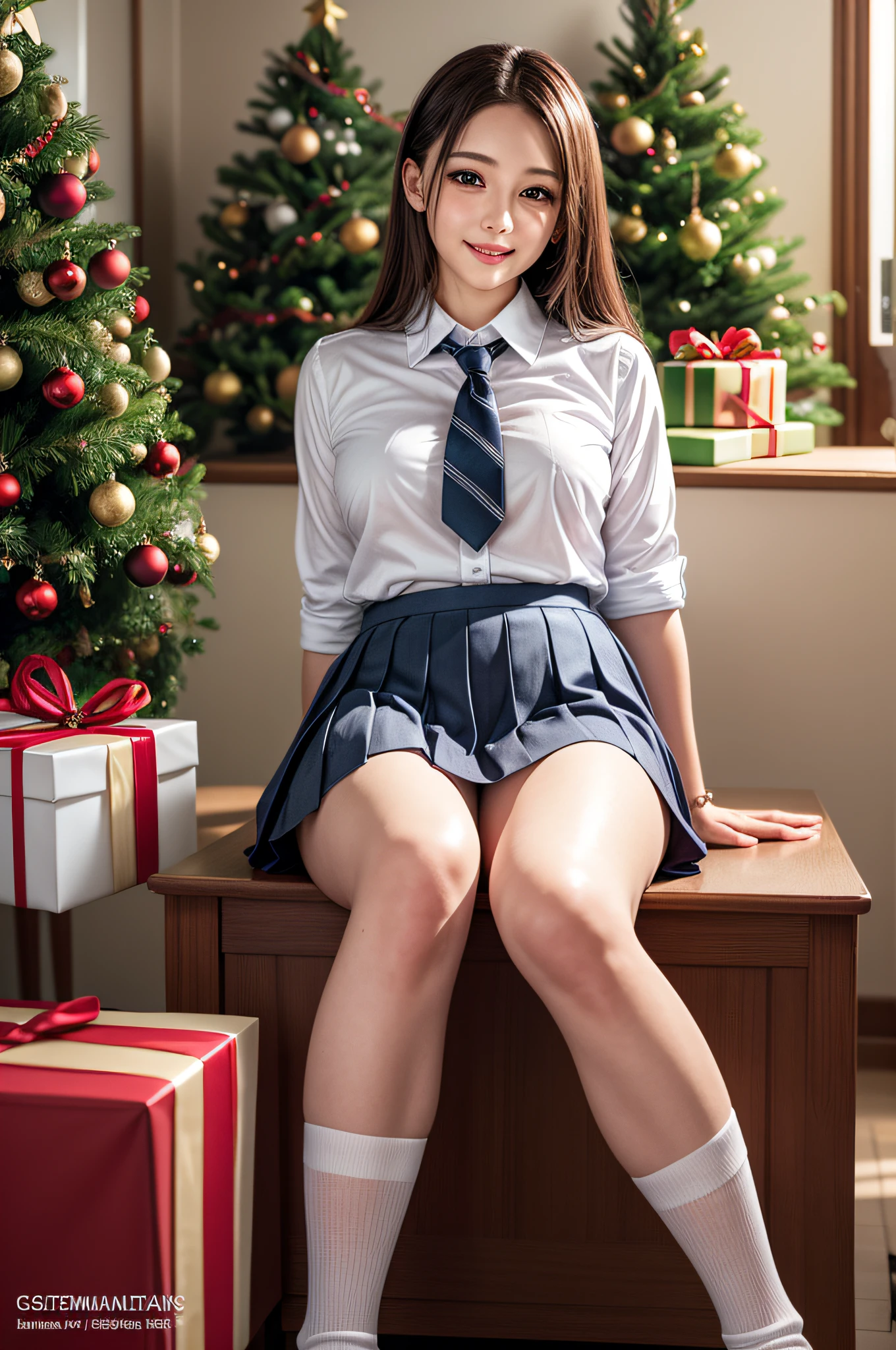 (1 cute girls), Extremely cute, Amazing face and eyes, (Beautiful lovely smile), (extremely detailed beautiful face), bright and shiny lips, (School uniform, Pleated skirt:1.3), (Best Quality:1.4), (hyper quality), (Ultra-detailed), (Hyper-realistic, Photorealsitic:1.37), Authentic skin texture, intricate-detail, extremely detailed CG unified 8k wallpaper, RAW Photos, professional photograpy, Cinematic lighting, Exposing, Christmas tree, Christmas Ornaments, Christmas Decorations, Christmas Lights, christmas lights,