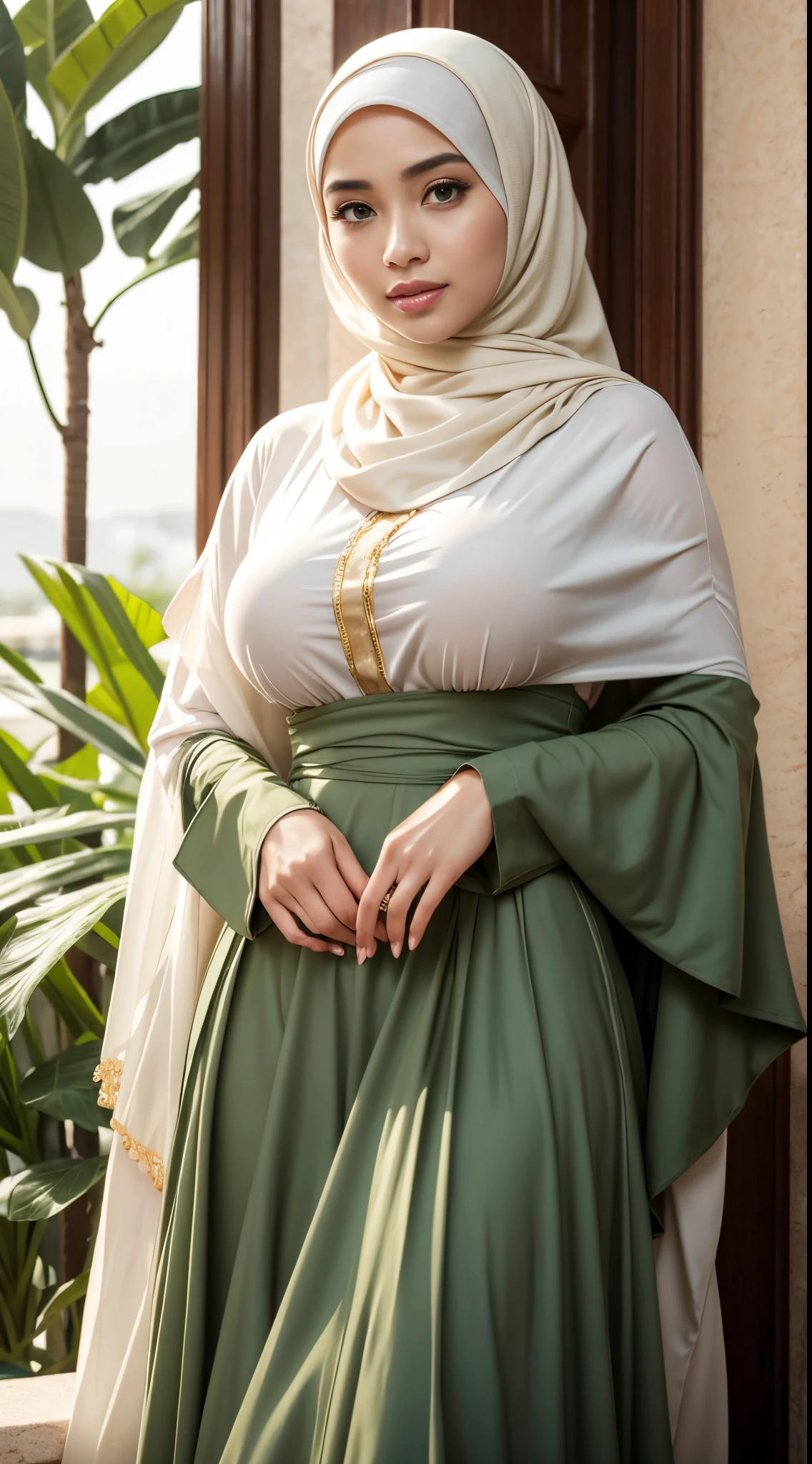 RAW, Best quality, high resolution, masterpiece: 1.3), beautiful Malay woman on hijab (iu:0.8), perfect nose,perfect lips, beutifull face, perfect eyes, detail :1.2),((big breast)), masterpiece, best quality, ultra-detailed, beautiful lighting, malay Woman in hijab,(green eyes:1.3)RAW, Best quality, high resolution, masterpiece: 1.3), beautiful Malay woman on hijab (iu:0.8), perfect nose,perfect lips, perfect eyes, detail :1.2),((big breast)),1 Malay girl, modern plain hijab,full body image detail, watery eyes, Best quality, high resolution, masterpiece: 1.3),soft smile, beautifull face, a woman in a white top and yellow skirt standing in front of a floral garden, pleated skirt, wearing a long flowy fabric, dressed in long fluent skirt, long skirt, multilayered outfit, layered skirts, with yellow cloths, frill,, wearing an elegant outfit , (cute smile:1,1), (glossy lips:1.1), (beautiful eyes:1.1), wonderful backround, closed mouth, ( close up)