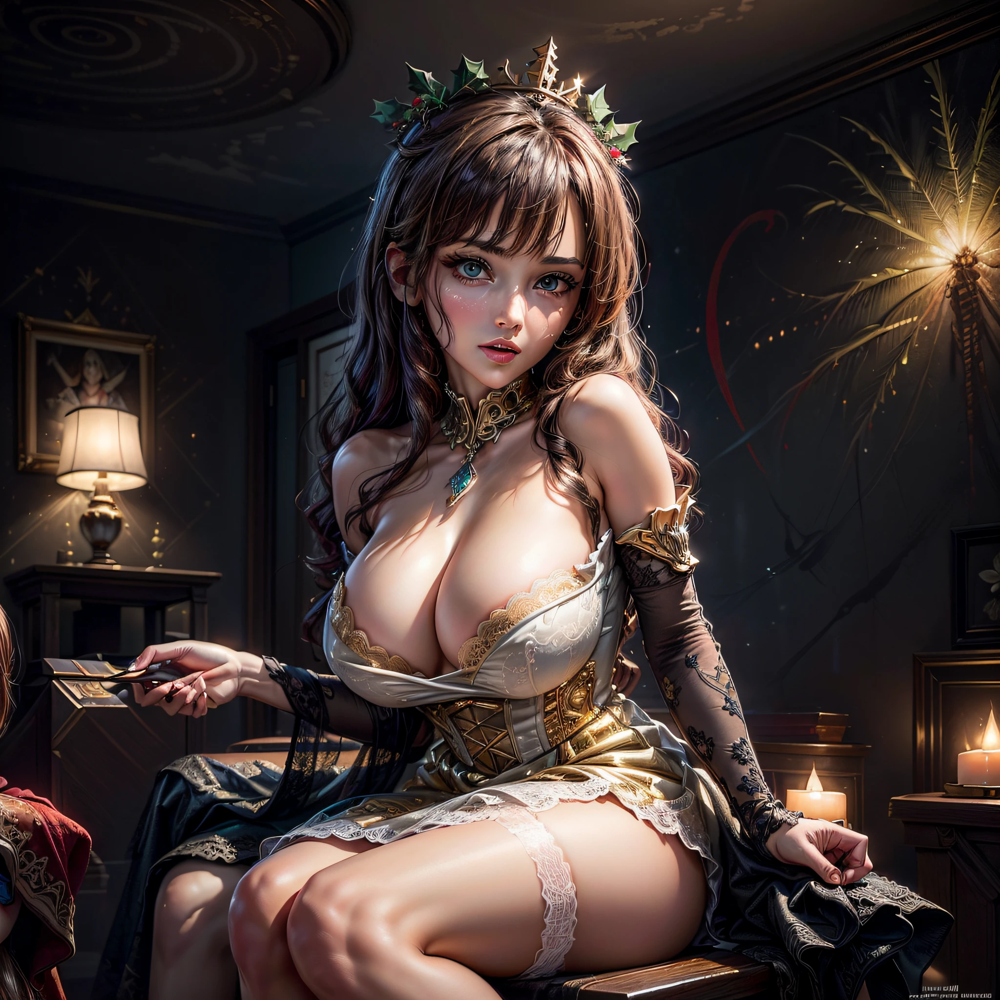 (2girls:1.5), Princess, Long hair, Passionate, (extremely detailed beautiful face), (Beautiful girl in princess dress:1.5), (Lace dress:1.4), Amazing face and eyes, (The sexiest look), (Best Quality:1.4), (hyper quality), (Ultra-detailed), (extremely detailed CG unified 8k wallpaper), Highly detailed, RAW Photos, Professional Photography, Sitting, (Luxurious living room with pictures of girls' ???? ????? on the walls:1.4), (Golden Chair, Golden ornaments, Dazzling brilliance:1.2), Luxurious, Gorgeous, secret, ???? Shots, Magnificent, great, transcendental scale, sense of freedom, Exposing, (Christmas tree, Christmas Lights, christmas lights, Christmas Ornaments), famous ???? movie scenes,