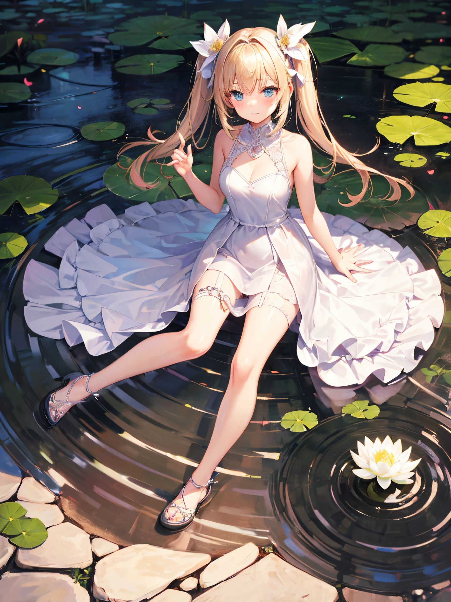 (masterpiece, best quality:1.4), 8k, official art, raw photo, absurdres, from above, girl, evil smile, upper body, sitting, white summer dress, wet, see-through, stone bridge, ruins, sky, woods, stream, detailed shadow, light leaks, perspective, depth of field, sharp focus, highres, ultra detailed, finely detail, extremely detailed, (detailed eyes and face, sharp pupils, realistic pupils:0.6)