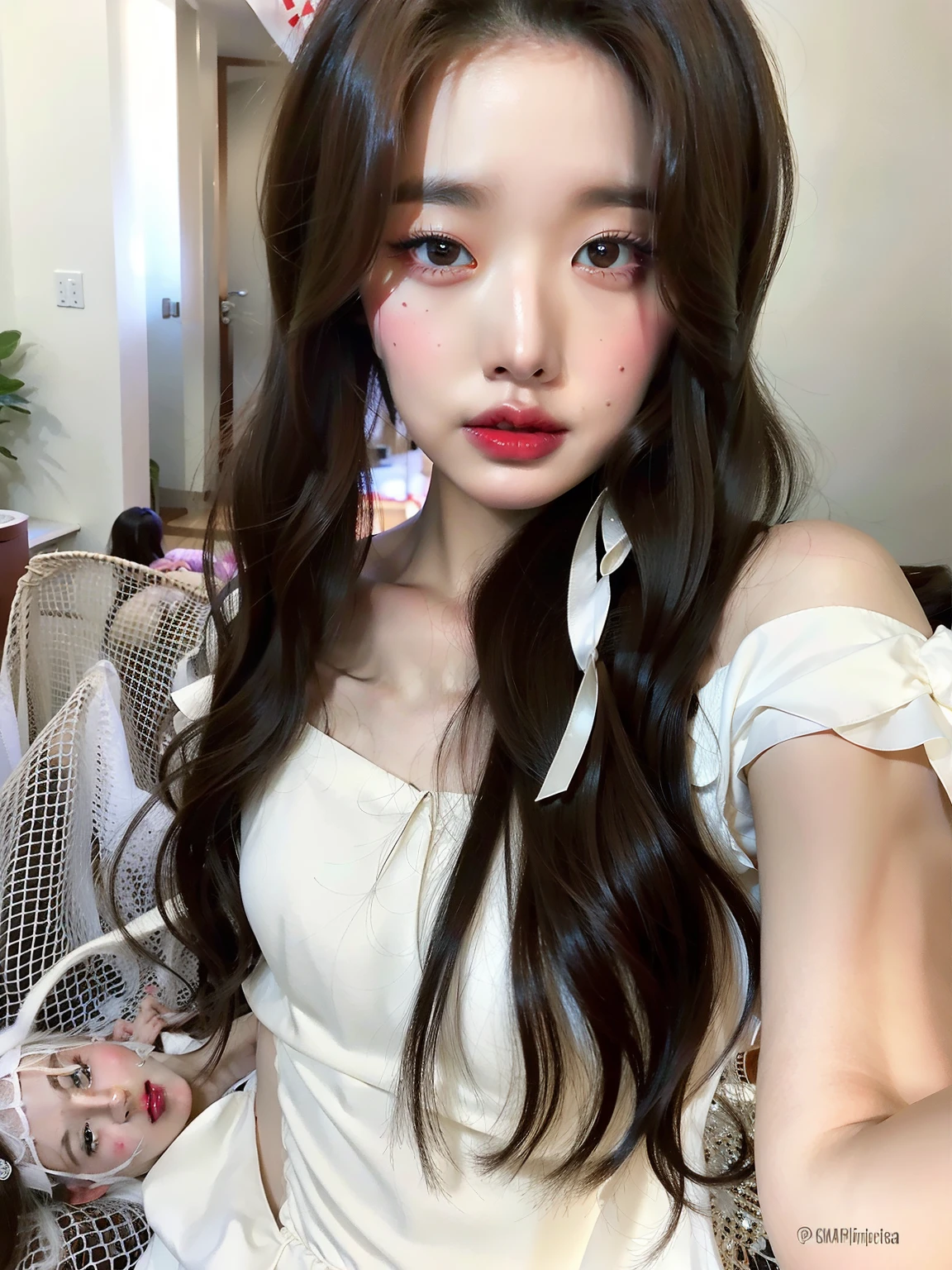 hay una mujer con un vestido blanco y una corbata blanca, ulzzang, Hermosa Delphine, Sakimichan, con cabello largo y ojos penetrantes, 1 8 yo, con coletas negras, con el pelo largo, Fairycore, Ojos grandes y cabello largo y suelto, Asian girl with long hair, Peinado blanco de corte hime, peinado de coletas