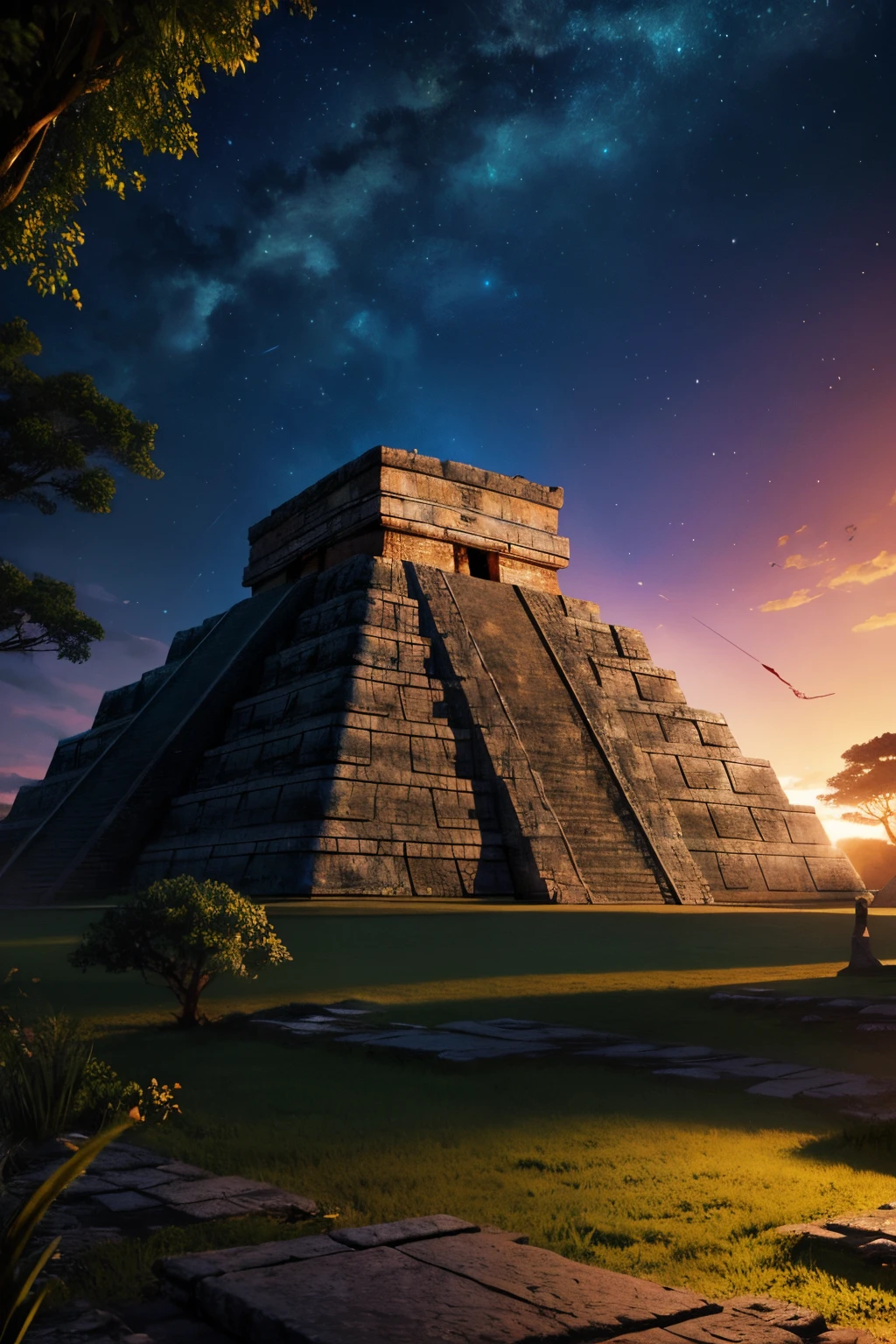 (a majestic Mayan temple),fantasy,8k,(best quality, ultra-detailed),(vivid colors),(mystical lighting)