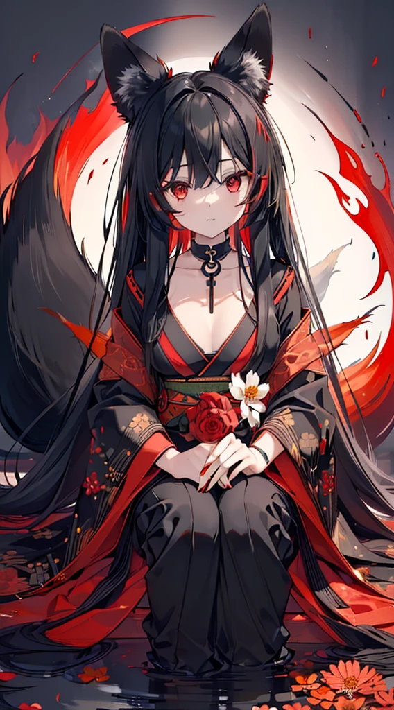 (extremely detailed CG unity 8k wallpaper), (((ultra-detailed))), ((extremely detailed)), (((intricate details))), (((best illustration))), best illumination, ((extremely delicate and beautiful)), ((an extremely delicate and beautiful girl)), colorful, manjusaka, red flower field, (((colorful flowers))), ((solo:1.9)), ((1 fox girl)), (Black and red Kitsune with long black hair with fox ears and fox tail), (2 colors black and red fox ears:1.6), (2 colors black and red single fox tail:1.6), ((finely detailed beautiful eyes and detailed face)), sad expression, melancholic smile, long hair, (((black hair))), (red eyes:1.9), beautiful detailed eyes, mature female, gentle, slender, medium breast, (Black and red sexy elegant kimono dress:1.3), (medium height black boots:1), ((black choker with red pendent:1)), manjusaka birthmark on neck, sitting, bishoujo, 19 years old,