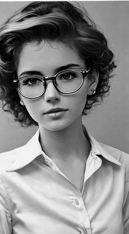 Realistic 80s photo on monochrome film; modest shy young plump Russian woman 38 years old, beautiful proportional round face, round cheeks, Round chin, Big shiny brown eyes, eyeglasses, small snub-nose, parted sensual lips, Serious, calm pleasant smile, medium length brown thick tousled hair (80s punk hairstyle); short plump body, very small breasts with large nipples (Nipple erection), without underwear, White translucent silk shirt with a loose fit and top button undone, embarrassed look at the camera, (upper-body), natural light; Monochrome image