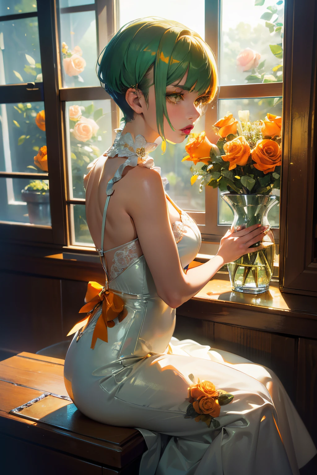 ((masterpiece,hight resolution,8K picture quality,top-quality)),1girl in,((extra detailed face)),a 20 yo woman,Sateen,Delicate eyes,Yellow eyes,((hairstyle on:buzzcut)),Green hair,Dramatic makeup,profile,Large piercings,Cool Face,((smooth lips,Orange Lipstick,Attractive lip)),Natural complexion,Apply lipstick,A sexy,double tooth,((White window sill,Orange roses bloom outside the window,perfume bottles)),