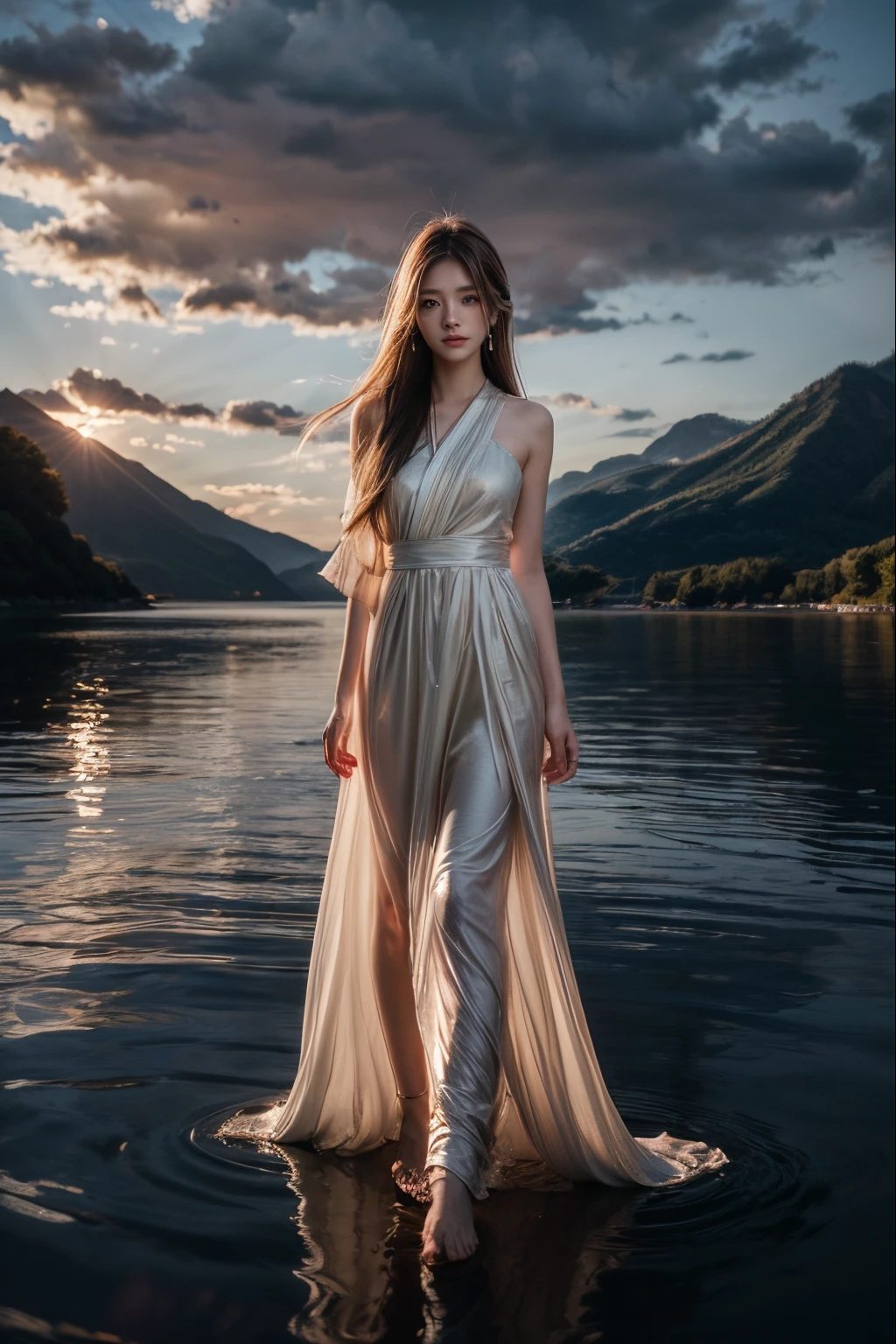 1 girl, with a calm expression, mesmerizing eyes, straight long hair, A flowing dress, A calm posture, porcelain skin, Subtle blush, Crystal pendantBREAK Golden Hour, (edge lit):1.2, a warm color palette, sunflare, soft shade, vivd colour, painterly effect, Dreamy atmosphereBREAK Scenic lake, Far Mountain, willowy, Calm water, Reflectors, clouds illuminated by sunlight, tranquil ambiance, Idyllic sunsets, ultra - detailed, offcial art, Unity8k wallpapers , Tangled, datura
