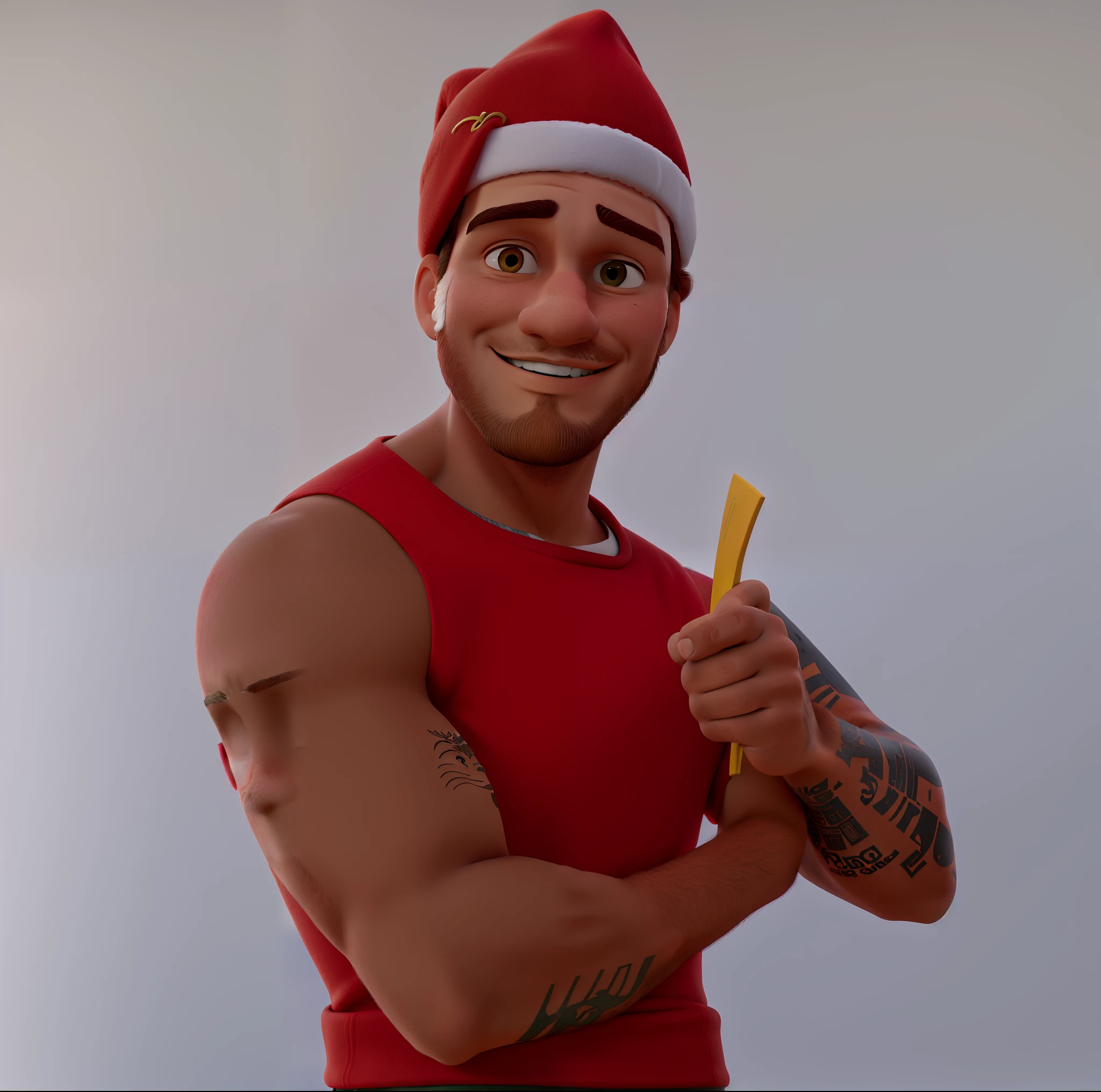 um homem moreno claro, de regata vermelha, com gorro do papai noel, sorrindo