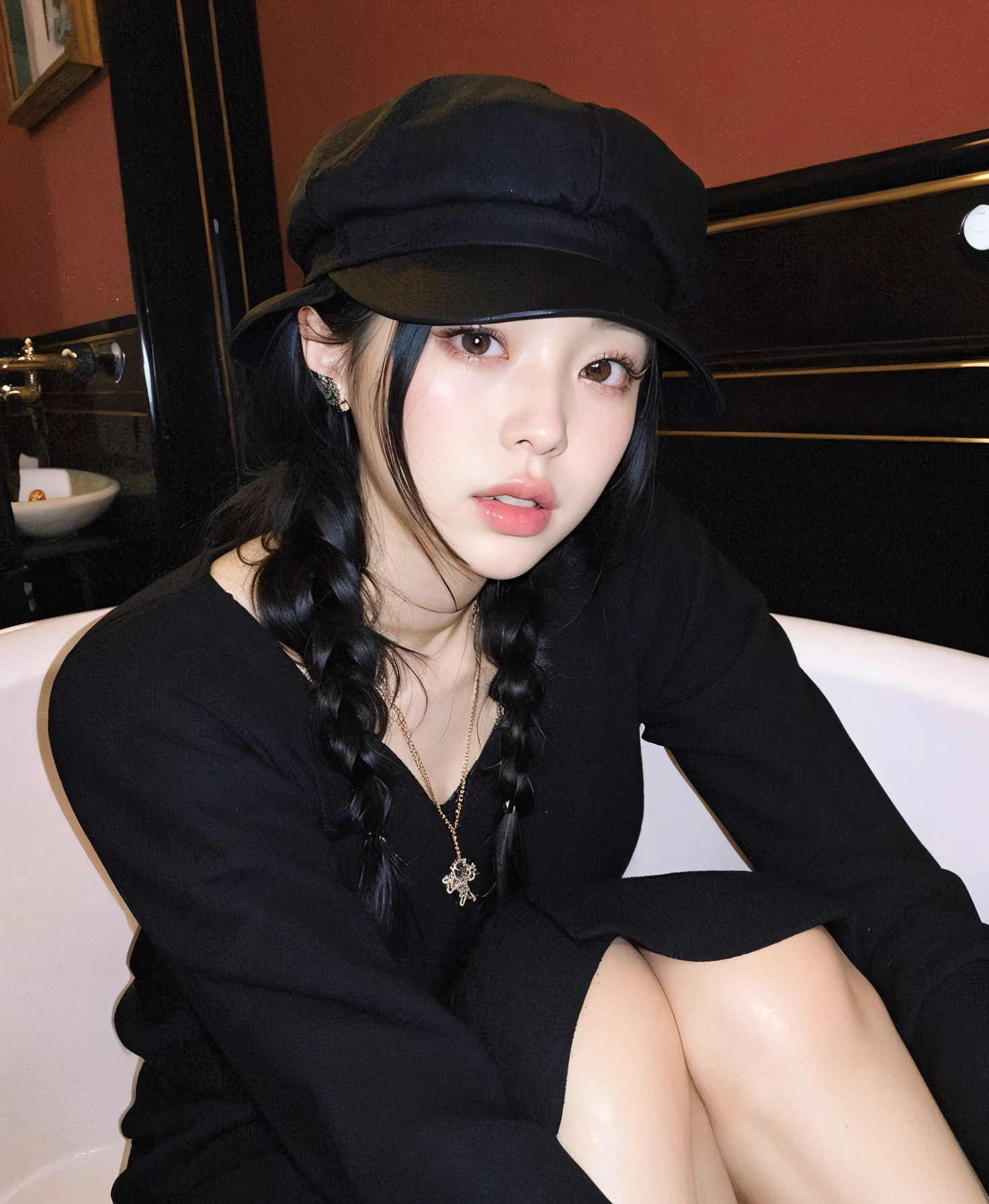 there is a woman sitting in a bathtub wearing a hat, wearing a chocker and cute hat, kiko mizuhara, xision wu, ulzzang, heonhwa choe, lulu chen, sui ishida with black hair, jisoo from blackpink, gemma chen, jossi of blackpink, chiho, louise zhang, with black pigtails