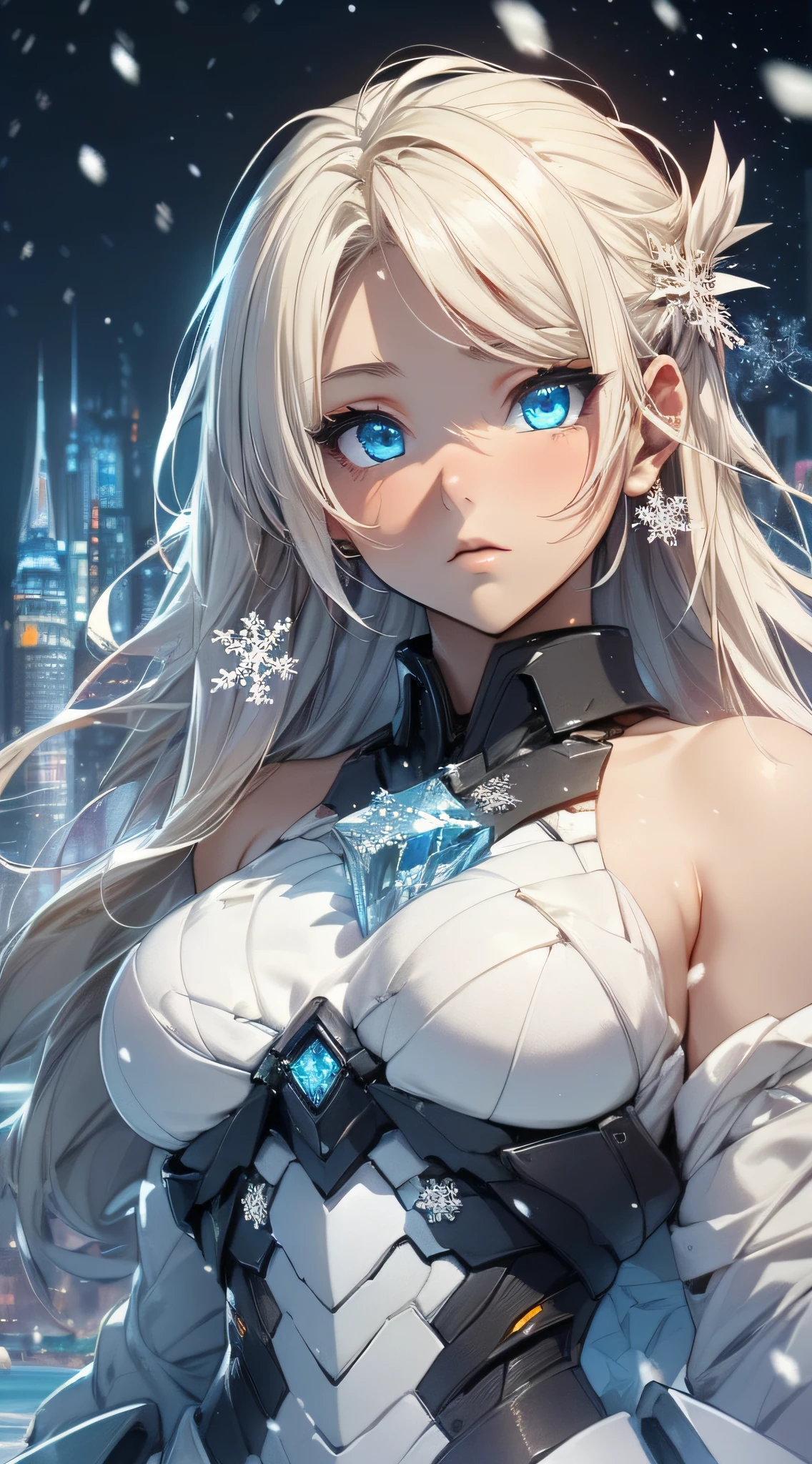 top-quality、Top image quality、masterpiece、Android Girl((blue mechanic body、、teen ager、White Ml Body、Best Bust、big bast,Beautiful light blue eyes、Breasts wide open, a blond、A slender,Large valleys、dye one's cheeks red、Leaning forward、There is a blade of ice、White breath、floating ice gun)),hiquality、Beautiful Art、Background with((Fantastic world、Ice Burn City at night、snowflakes falling、Heavy snow falls、snowman、ice tower)))、masutepiece、depth of fields,